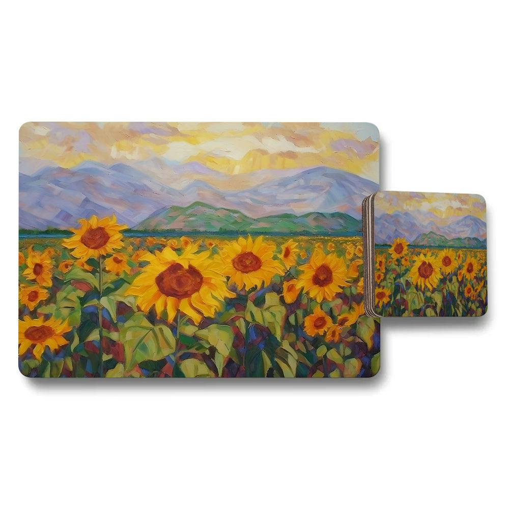 Benjamin Tate Design Golden/Brown/Green Sunflower Field Placemat And Coaster Set With Vibrant Artwork