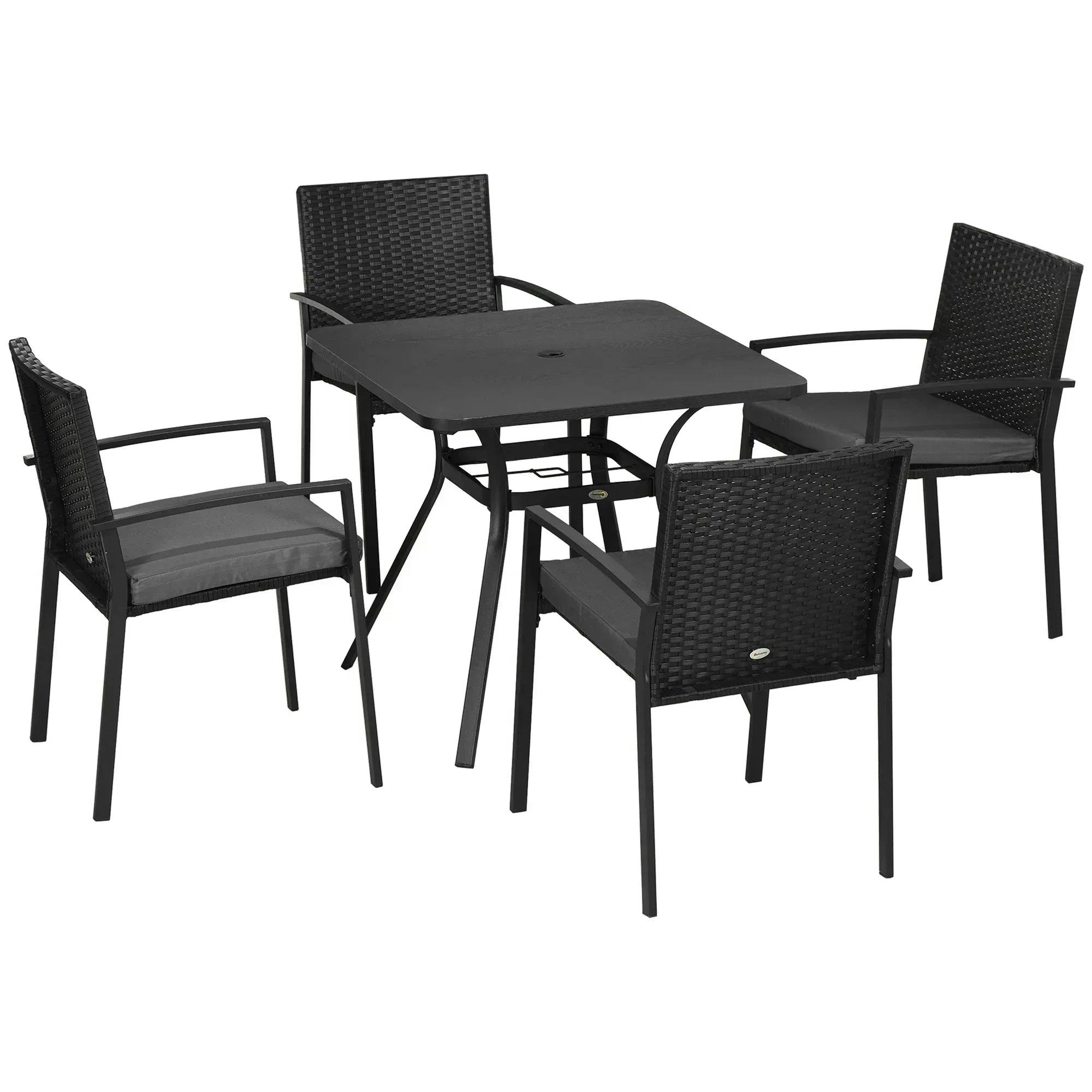 Outsunny Black Rattan Garden Dining Set For 4 With Cushions Umbrella Hole, - Image 5