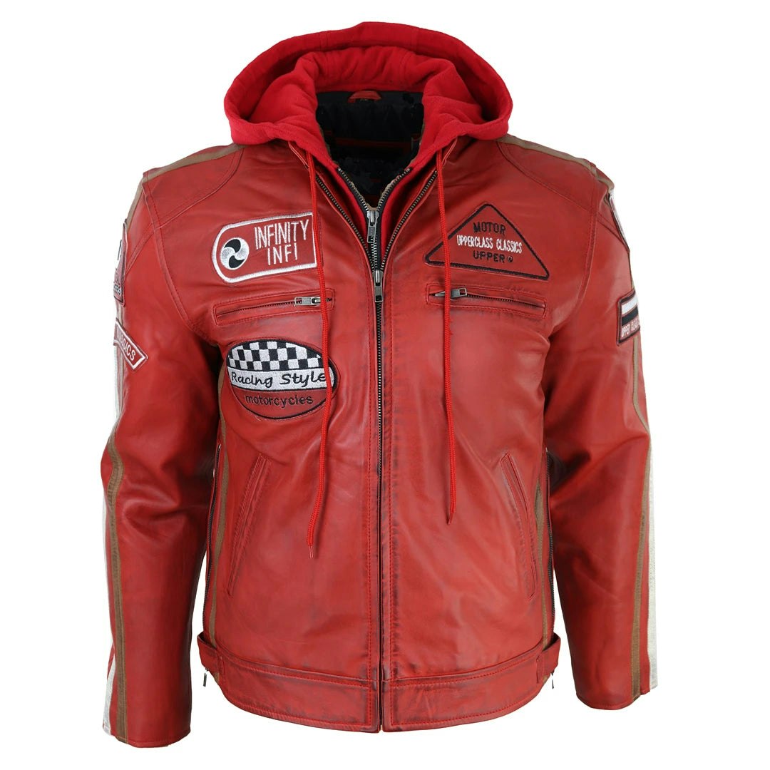 Infinity Leather Men's Red Leather Company Hooded Zipped Biker Leather Jacket - Large