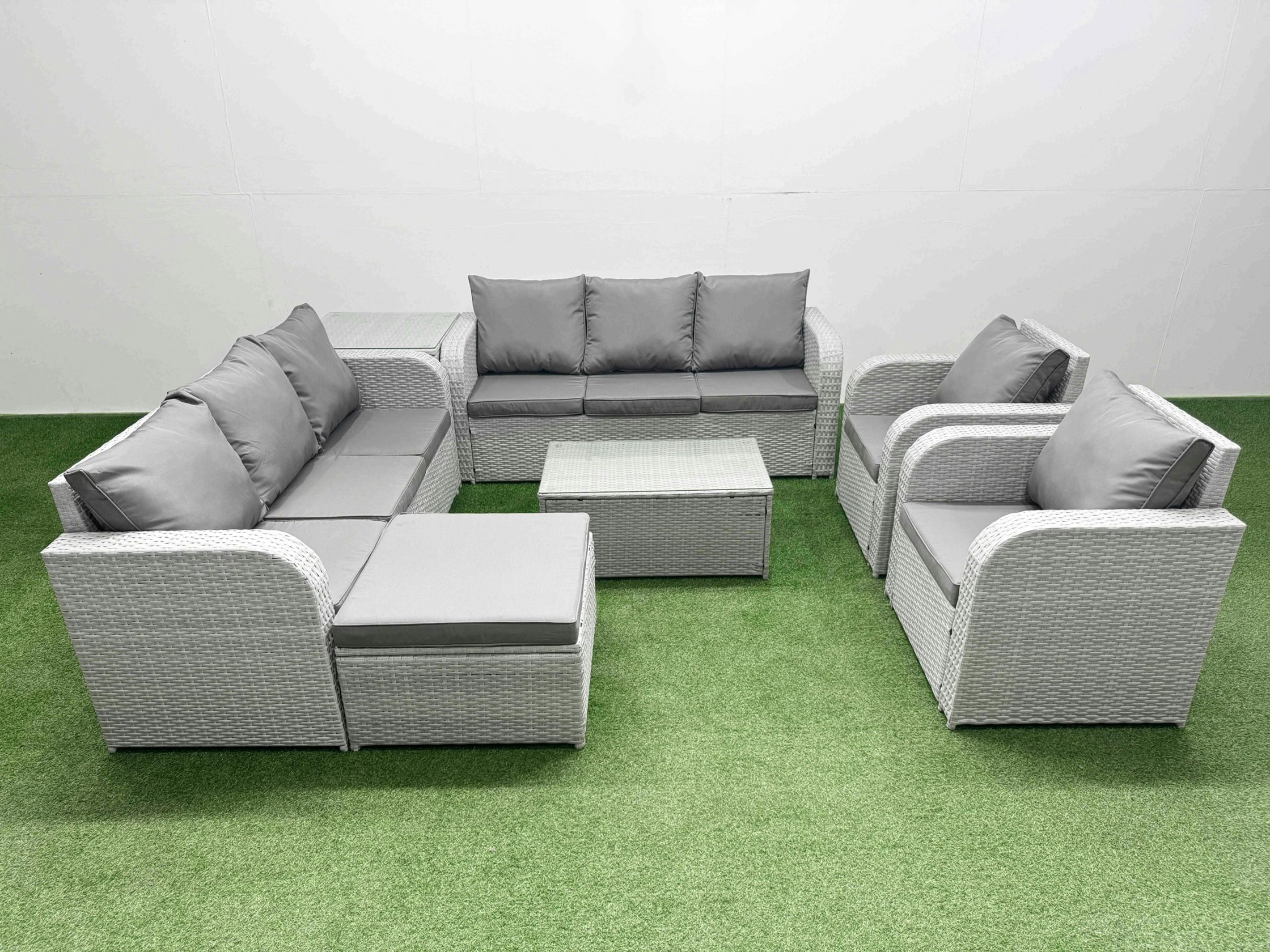 Fimous Light/Grey Pe Rattan High Back Lounge Sofa Set Patio Coffee Table & Chairs Set With 3 Seater Sofa Reclining Chair Big Footstool Side Table