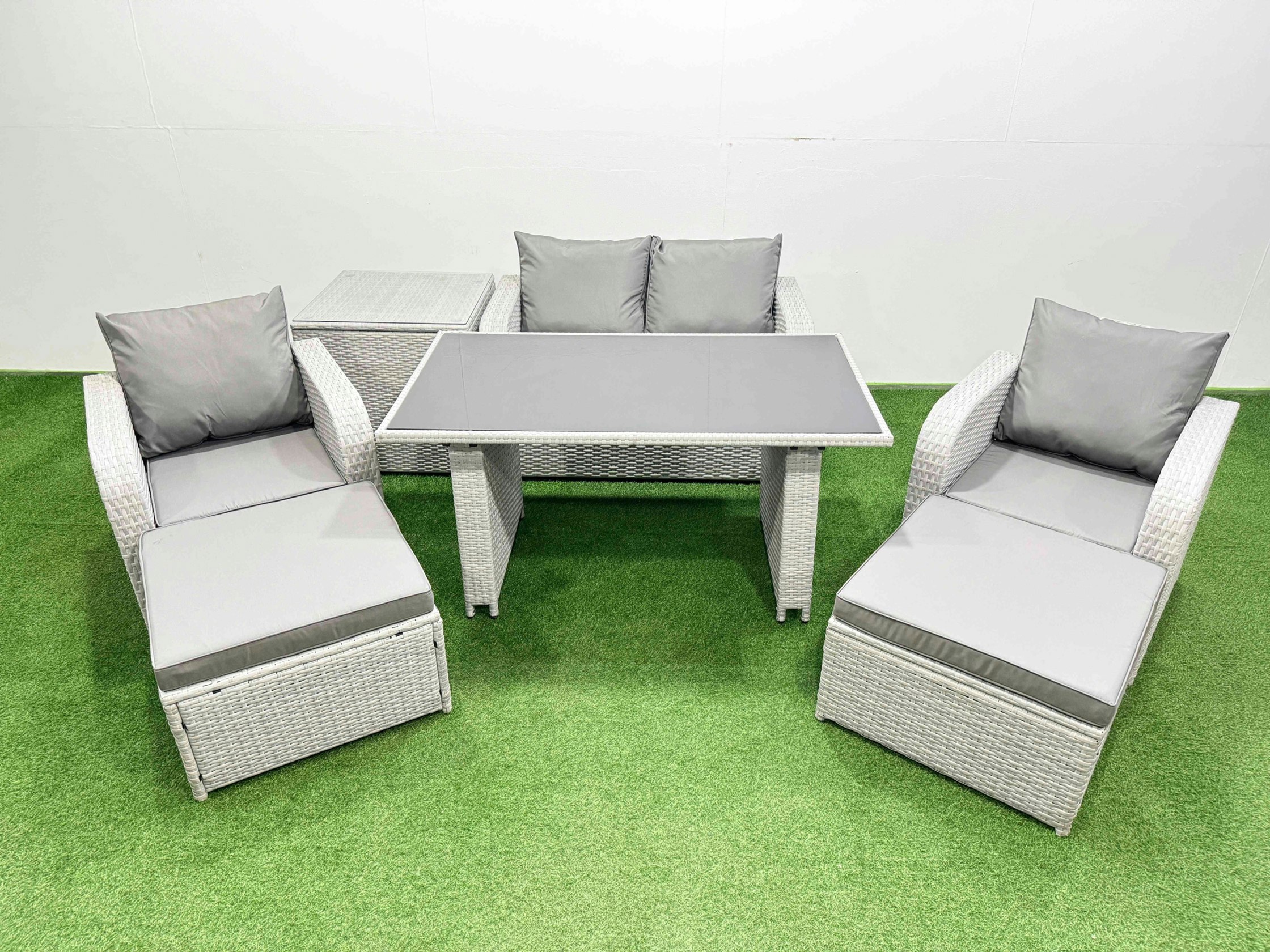 Rackhams Dark Outdoor Rattan Garden Furniture Dining Set 6 Seater Patio Rectangular Table Love Sofa Reclining Chair Set With Side Table 2 Big Stools