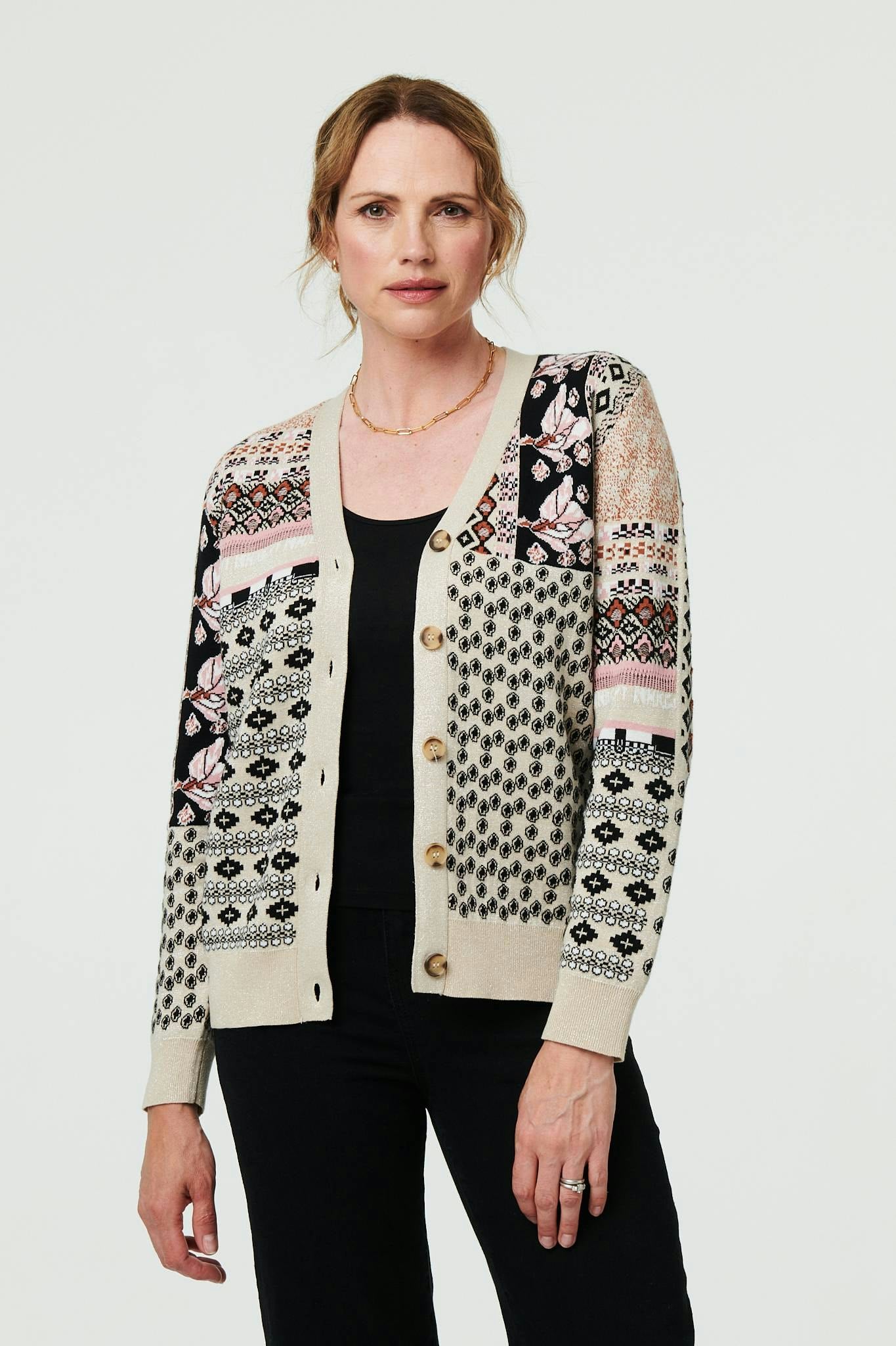 Izabel London Cream Patchwork Print Long Sleeve Cardigan - 14