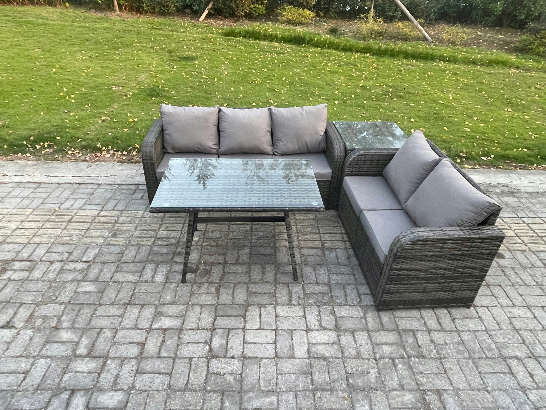 Rackhams Dark/Grey High Back Pe Rattan Sofa Set Outdoor Garden Furniture Dining Table Set Love Sofa 3 Seater Sofa Side Table