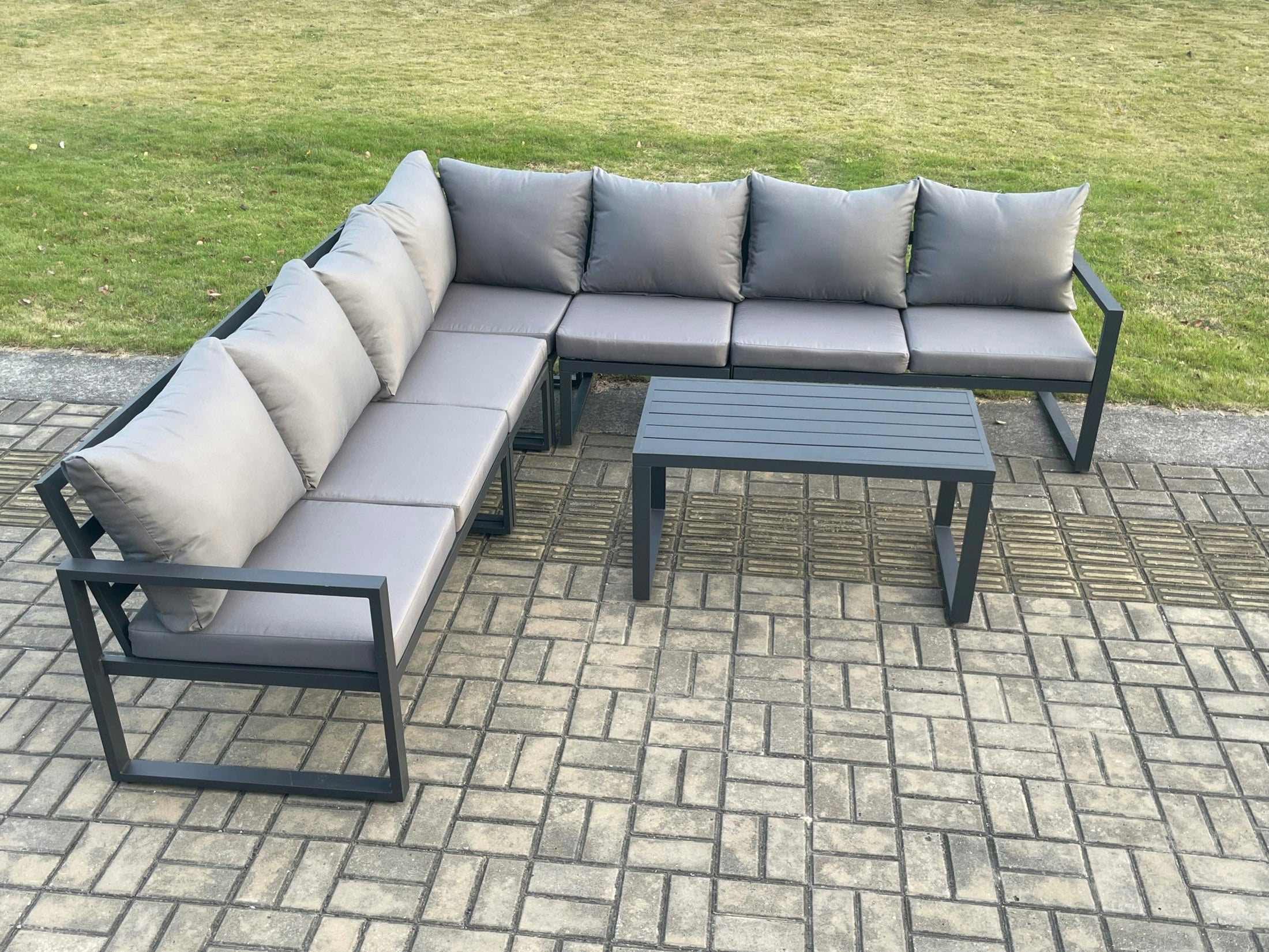 Fimous Dark/Grey Aluminium Patio Outdoor Garden Furniture Lounge Corner Sofa Set With Oblong Coffee Table