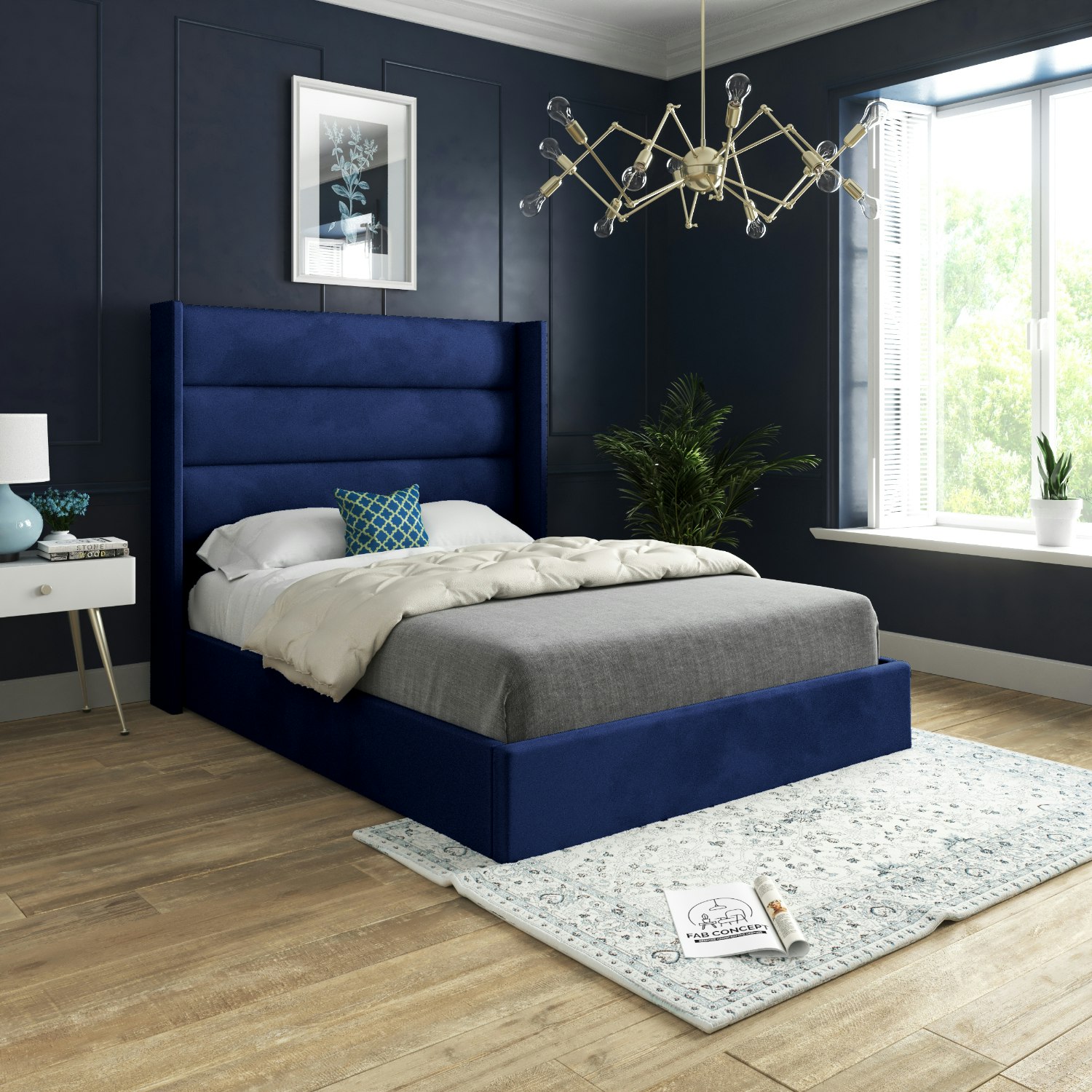 Casa Magna Blue Nuno Straight Winged Upholstered Soft Velvet Bed Frame - Double