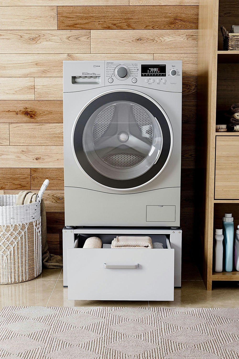 Living And Home White Washing Machine Dryer Pedestal With Drawer