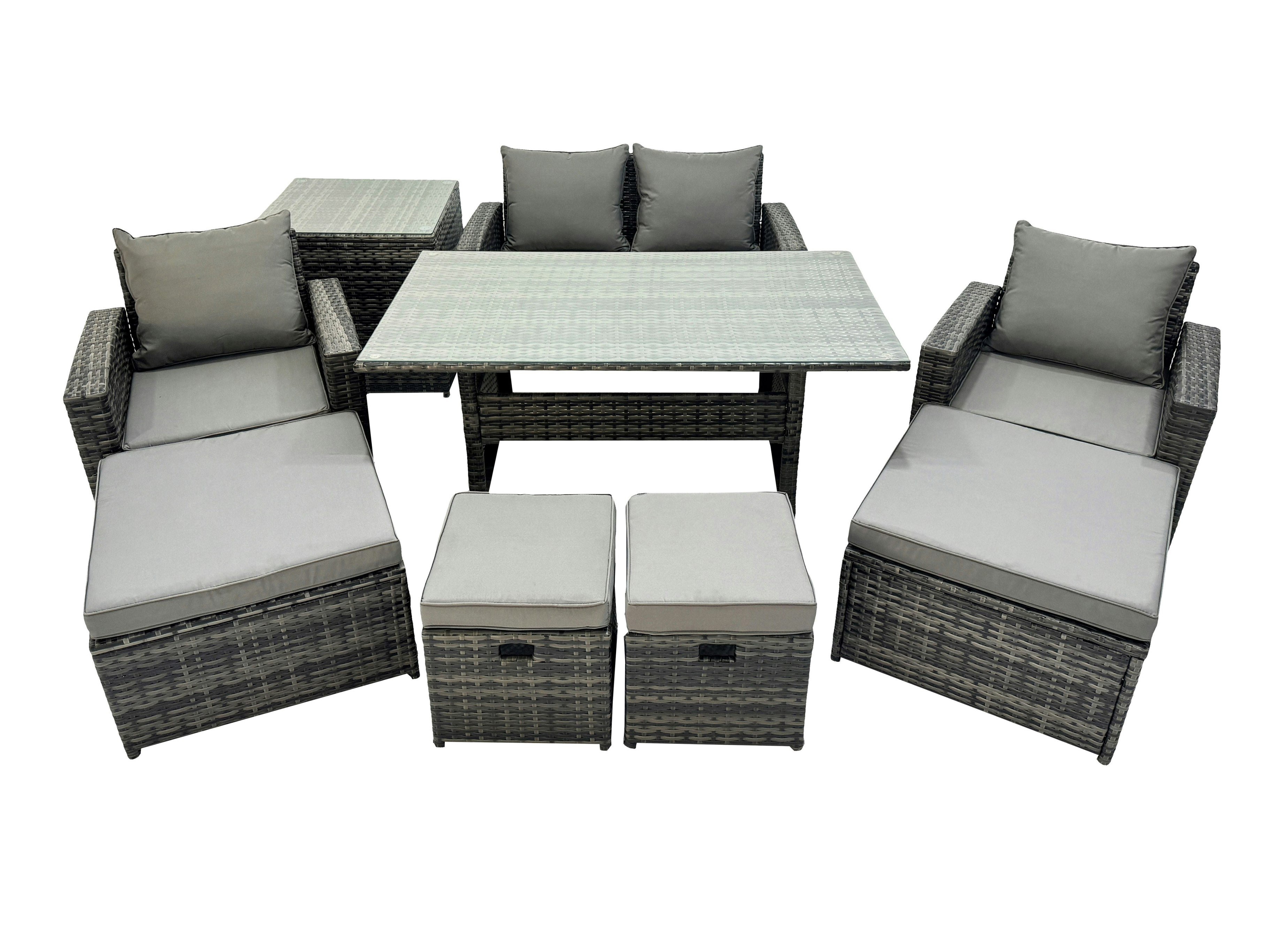 Fimous Dark/Grey 8 Seater Rattan Furniture Set With Dining Table, Sofa, Side Table, 2 Chairs & 4 Stools