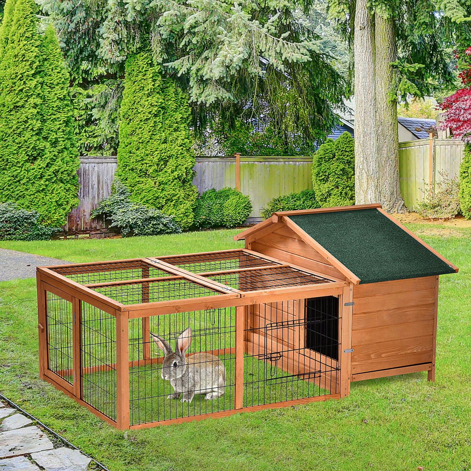 Pawhut Wooden Rabbit Hutch Detachable Pet House With Openable Run & Roof