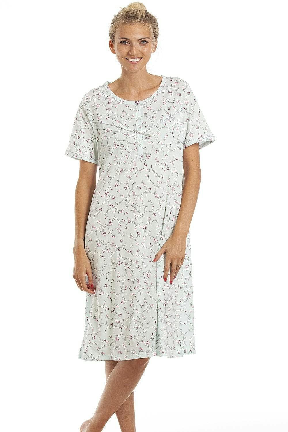 Camille Classic Floral Print Jersey Cotton Nightdress - Aqua - 14-16