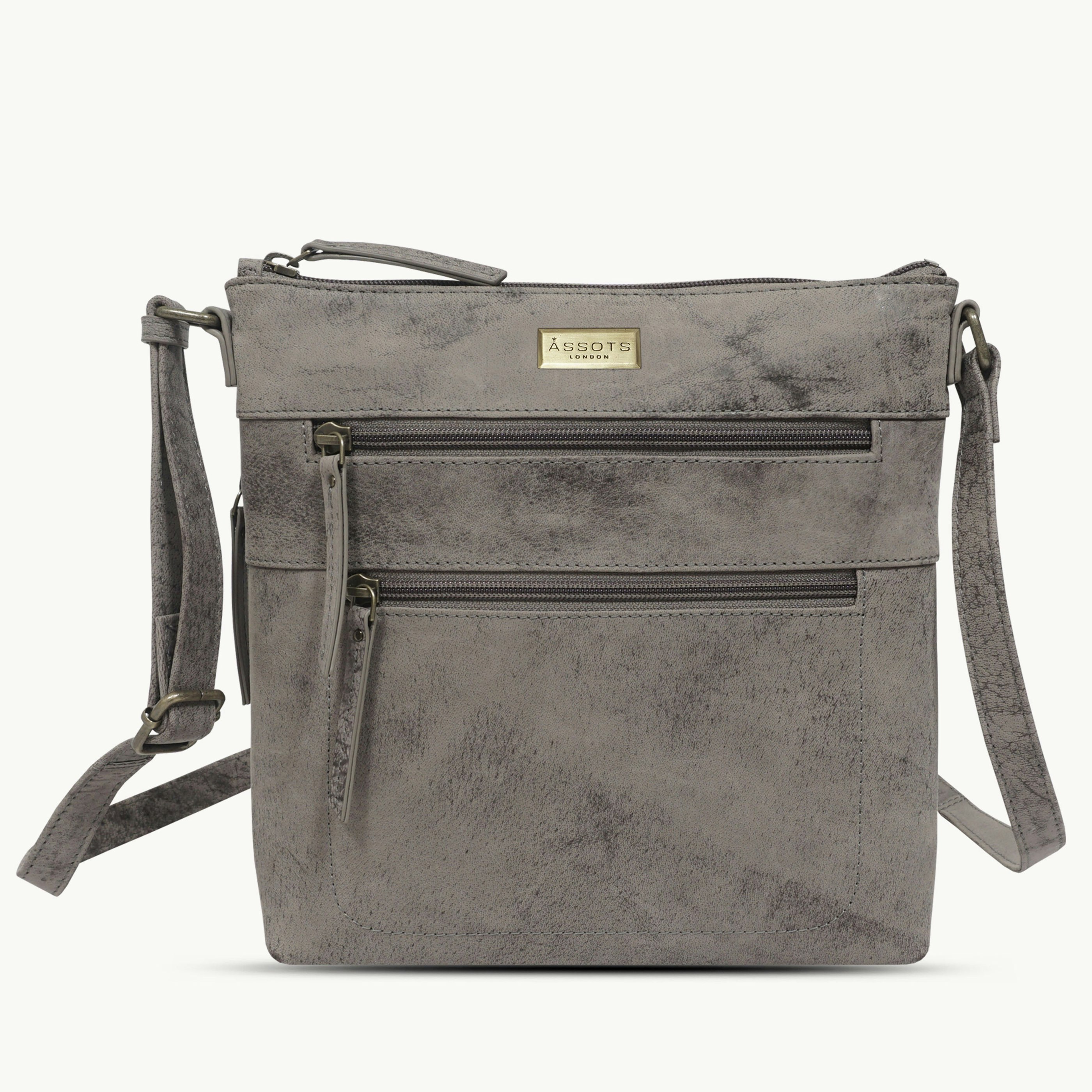 Assots London Grey 'Cori' Distressed Real Leather Crossbody Bag