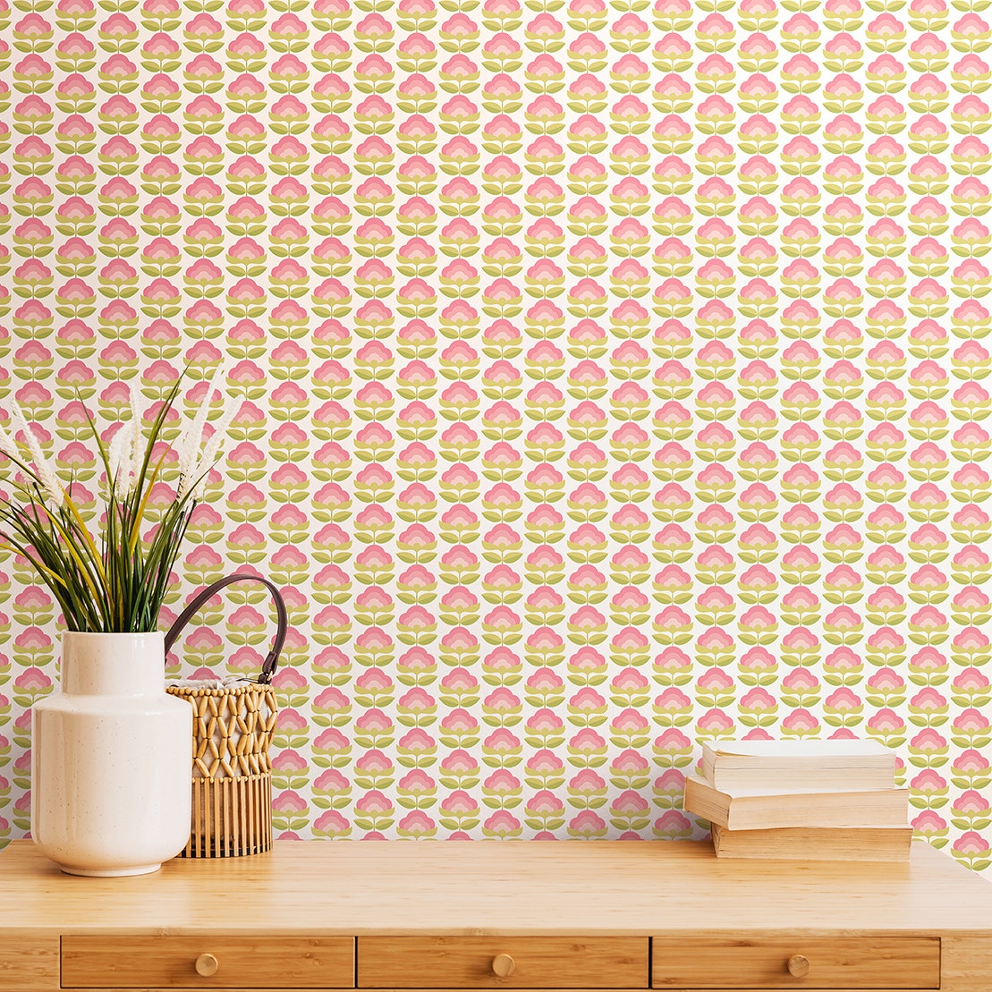 Rackhams Retro Flower - Rose & Apple 10M Wallpaper