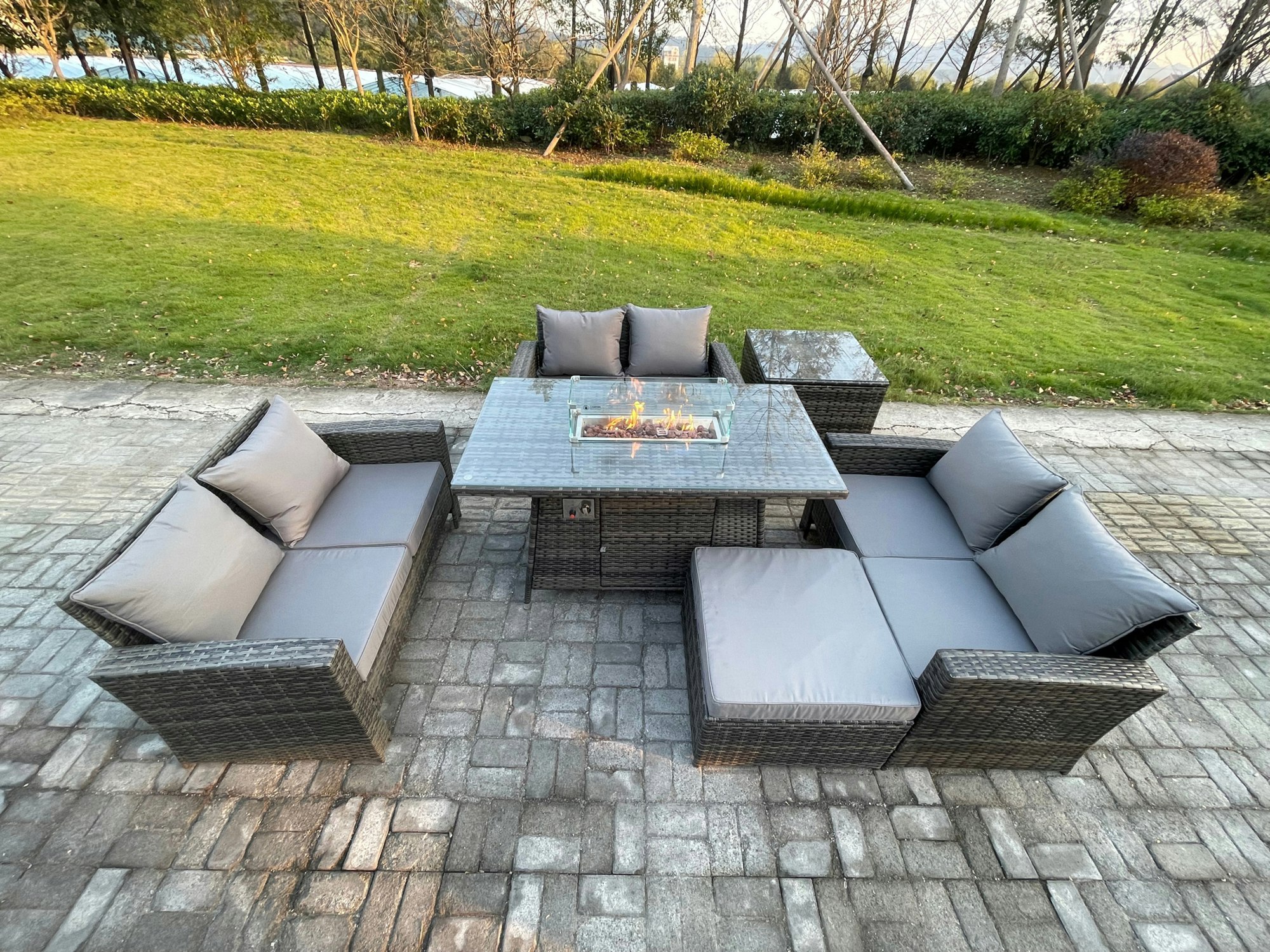 Rackhams 7-Seater Rattan Outdoor Fire Pit Dining Set | Double Sofa, Large Footstool, Side Table | Dark Grey