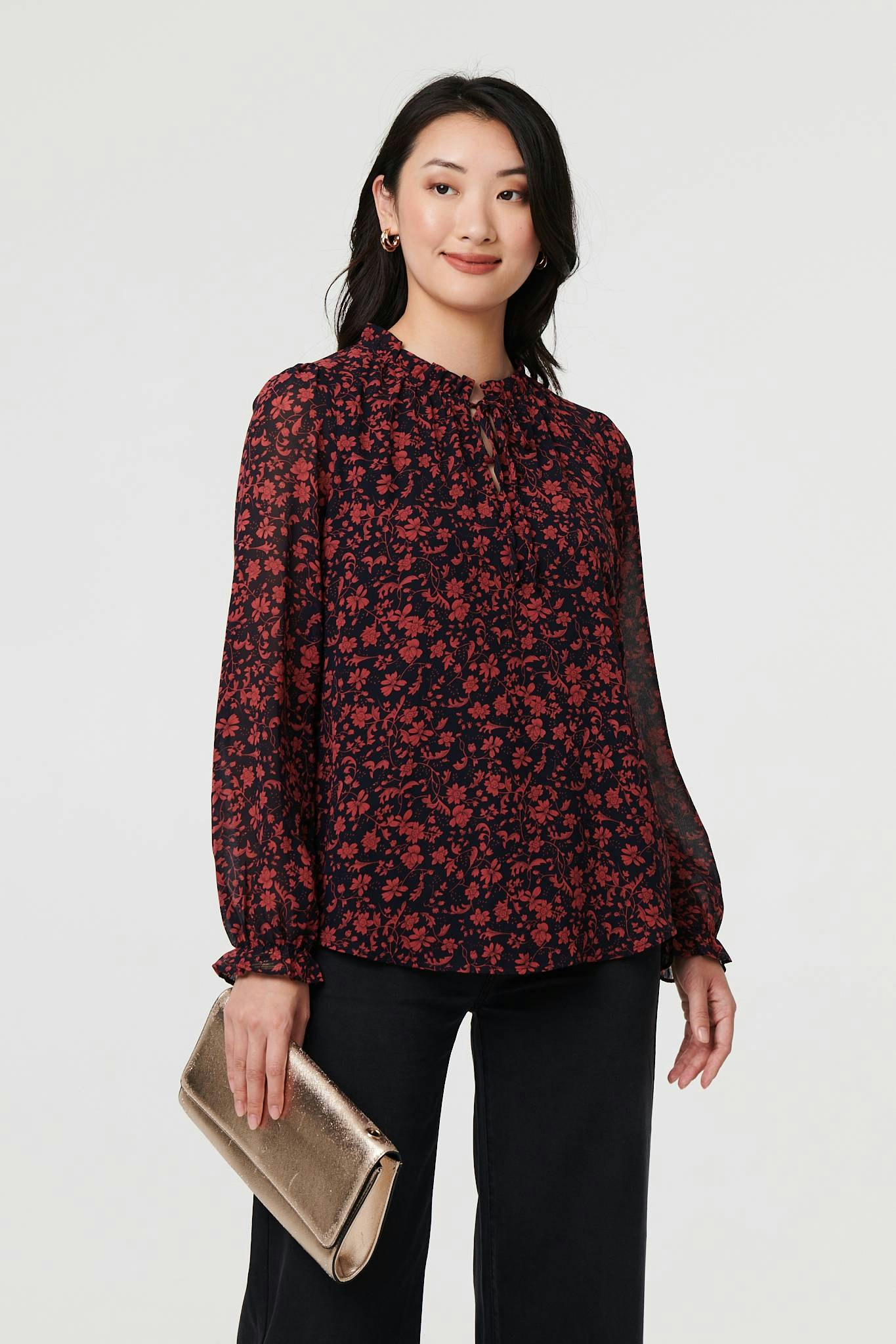 Izabel London Women's Printed Frilled Tie Neck Blouse - 14 - Navy