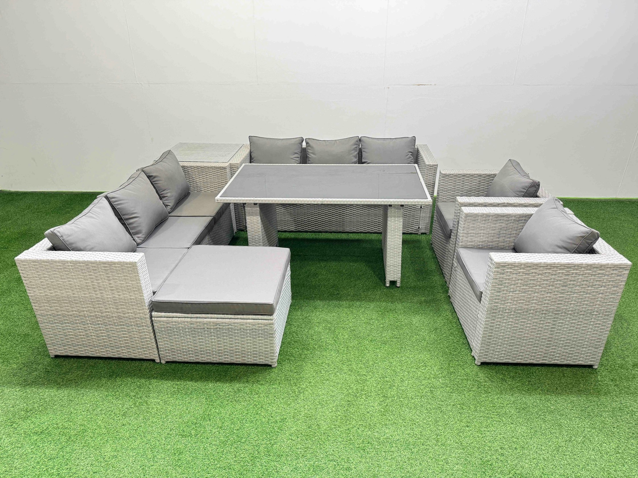 Rackhams Light/Grey 9 Seater Wicker Pe Rattan Furniture Outdoor Dining Table 3 Seater Sofa Armchair Set With Side Table Big Stool