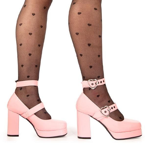Lamoda Pink Chrome Heart Patent Platform Heels Gothic Chunky Festival Shoes - Uk4