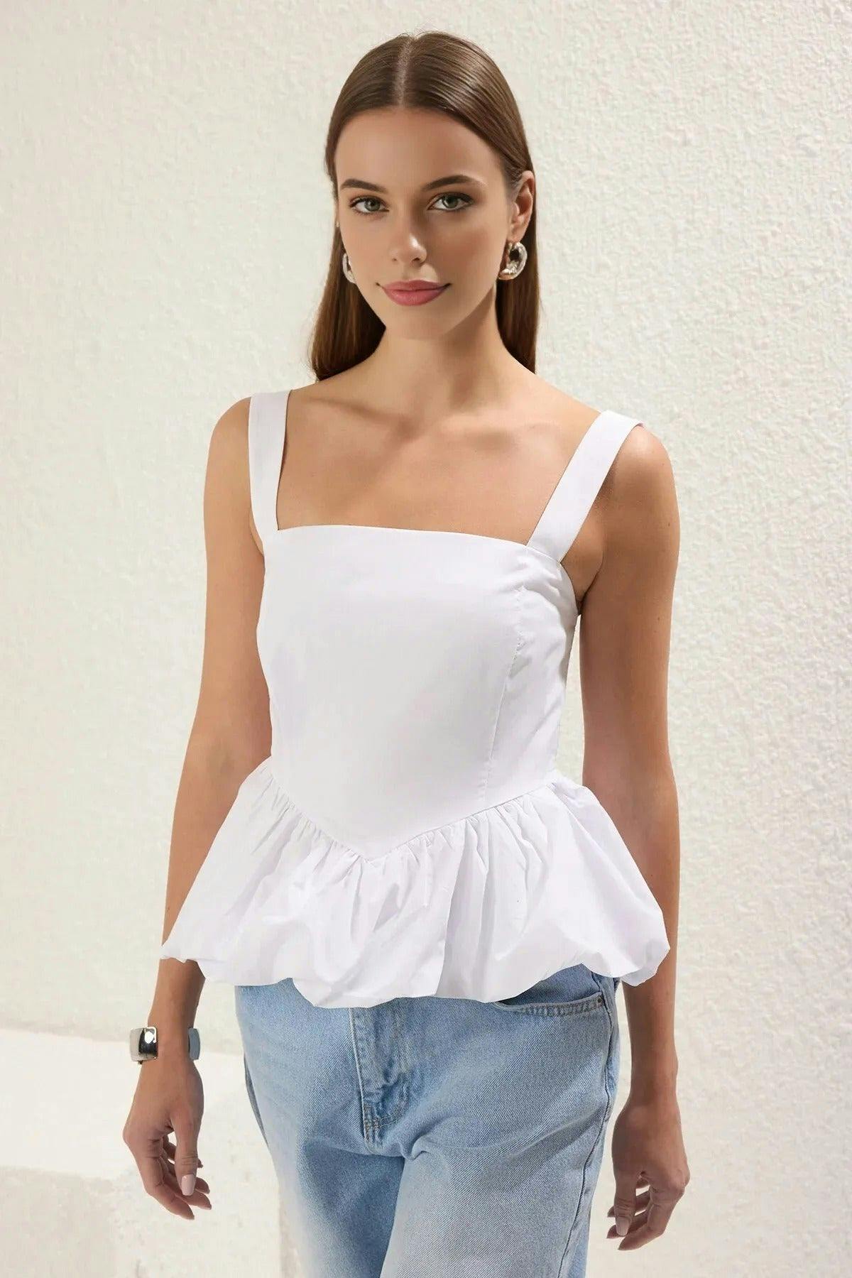 Wovcor White Square Neck Peplum Blouse - 6