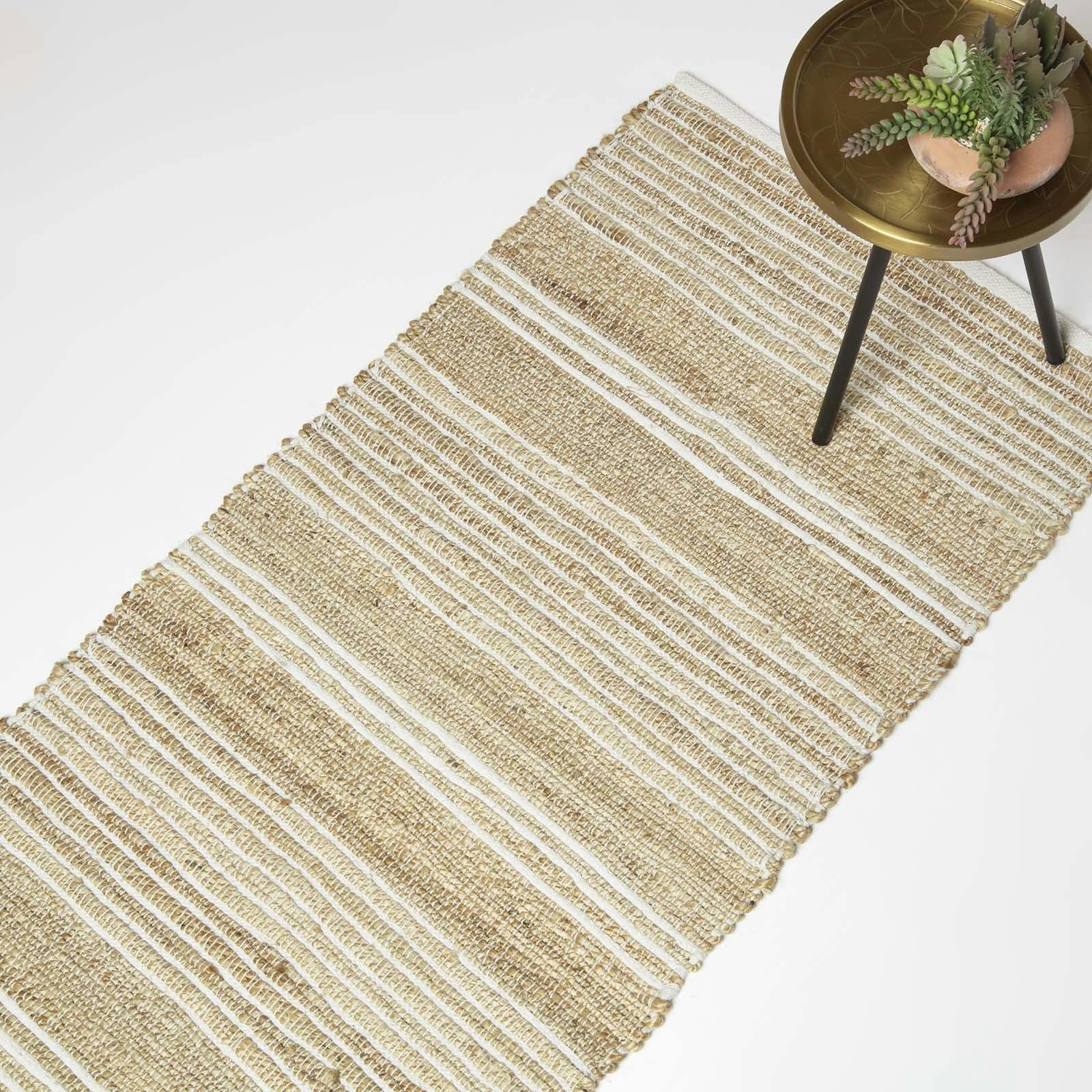 Homescapes White Arlyn Natural Striped Handwoven Jute Rug - 66 X 200 Cm
