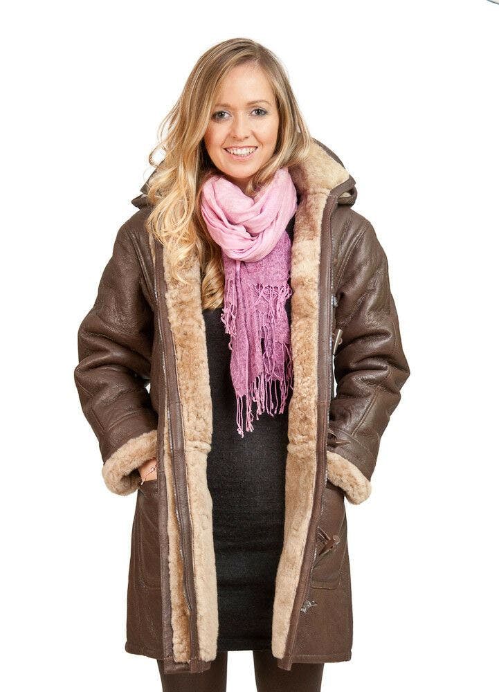 Infinity Leather Women's Brown Hooded Sheepskin Leather Duffle Coat-Charlotte - Uk L/14 | Eu 40 | Us 10