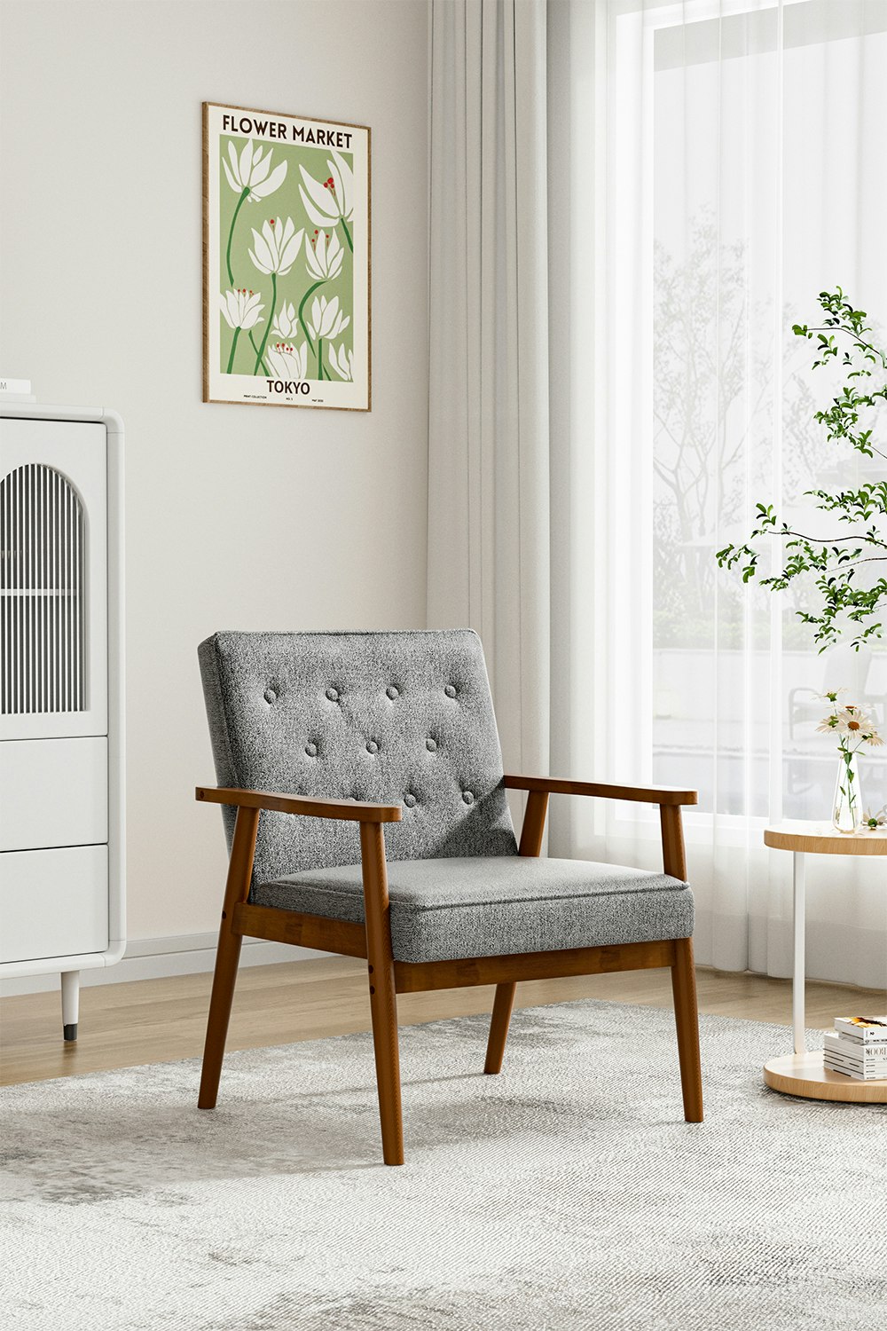 Rackhams Grey Modern Wood Frame Linen Upholstered Lounge Chair