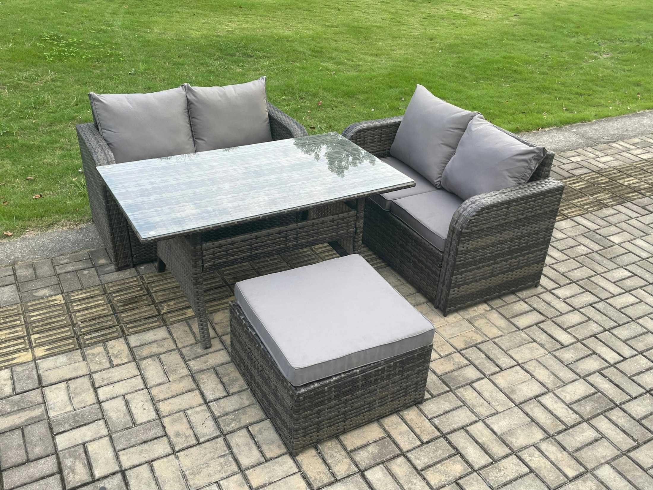 Fimous Dark/Grey Garden Patio Furniture Wicker Rattan Oblong Rectangular Dining Table And Loveseat Sofa Set With Big Footstool Mixed