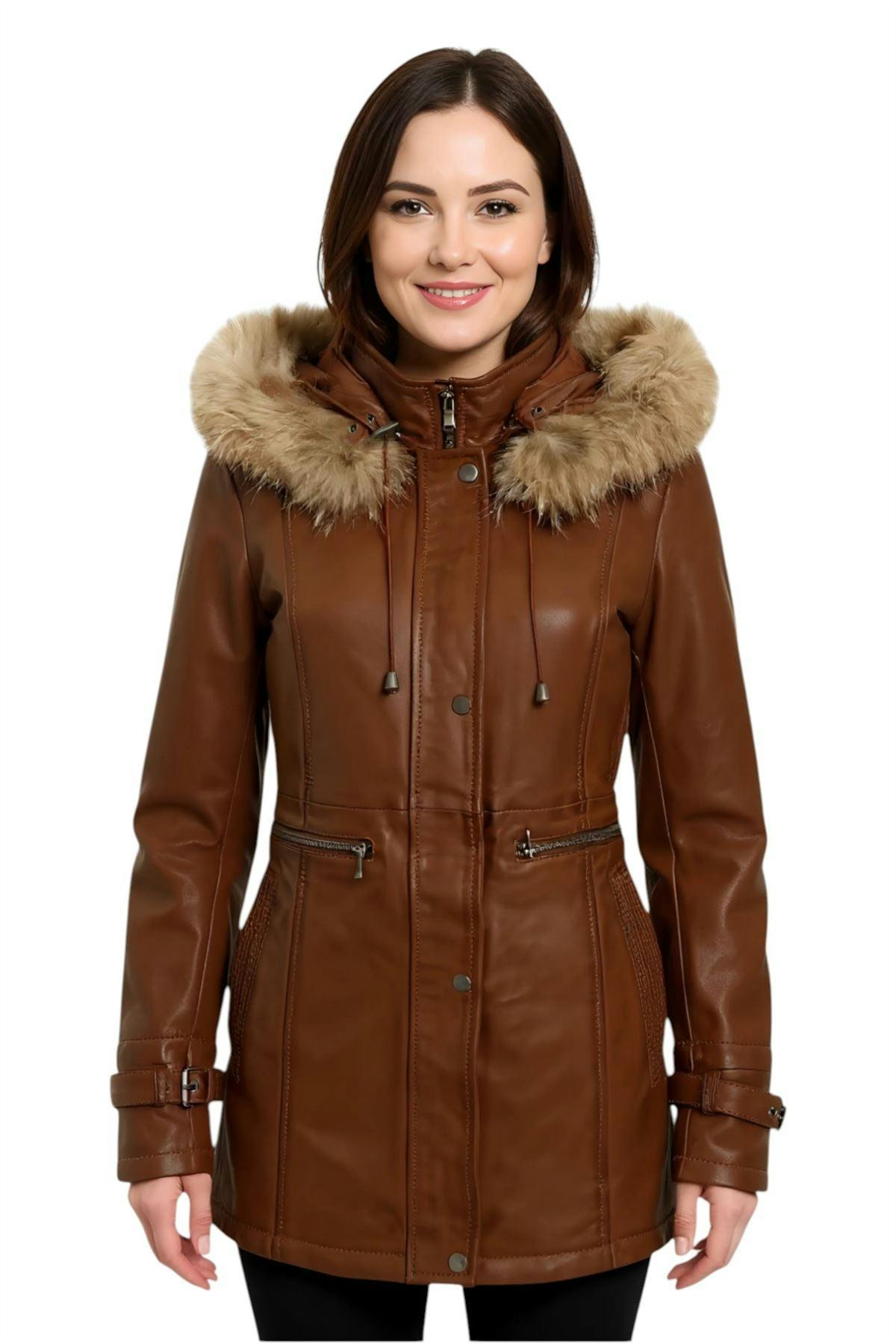 Infinity Leather Women's Leather Hooded Parka Jacket-Putian - Tan - Uk 5XL/24 | Eu 50 | Us 20