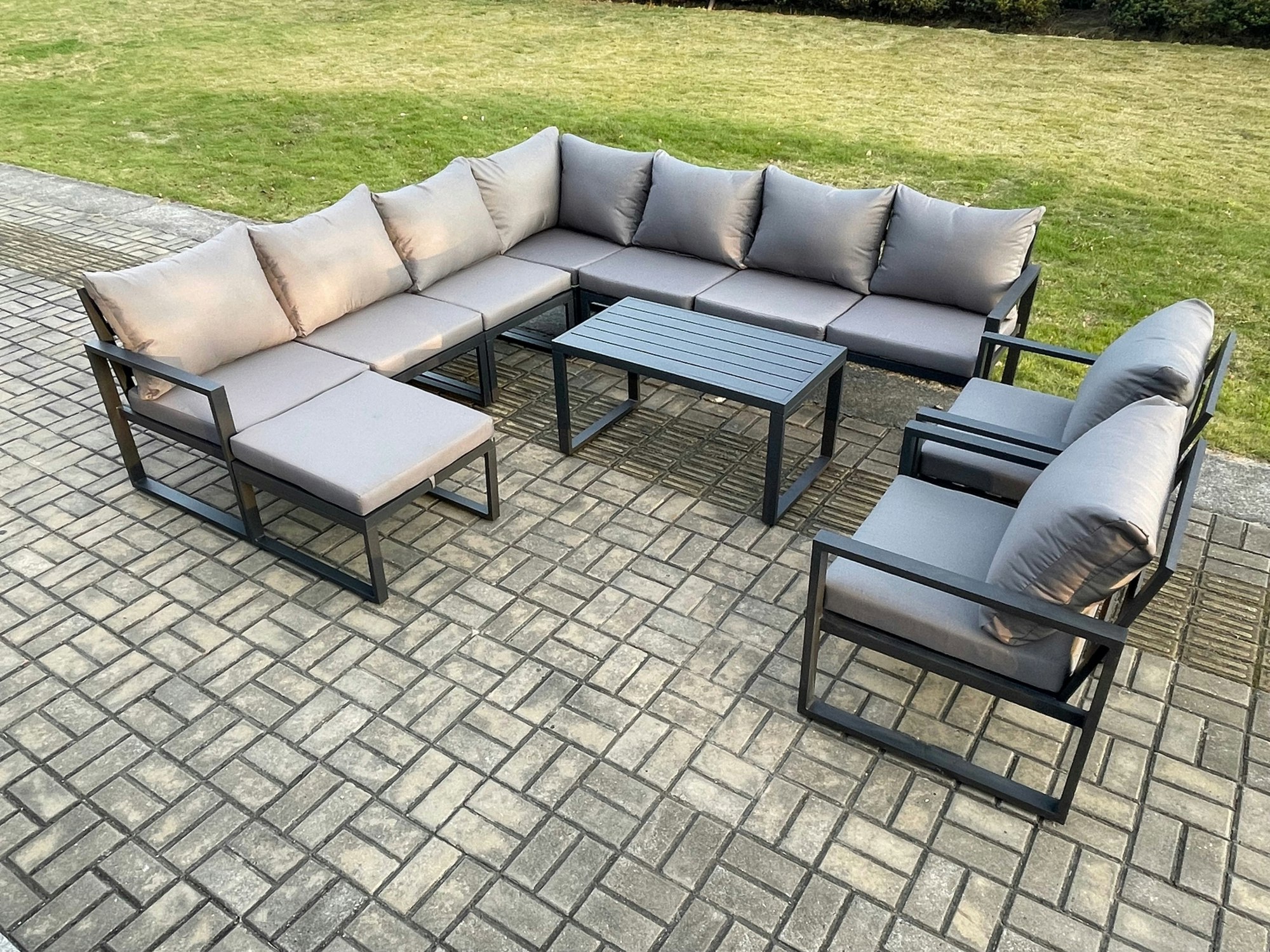 Rackhams Dark/Grey Aluminium Patio Outdoor Garden Furniture Lounge Corner Sofa Set With Oblong Coffee Table Big Footstool 2 Chair