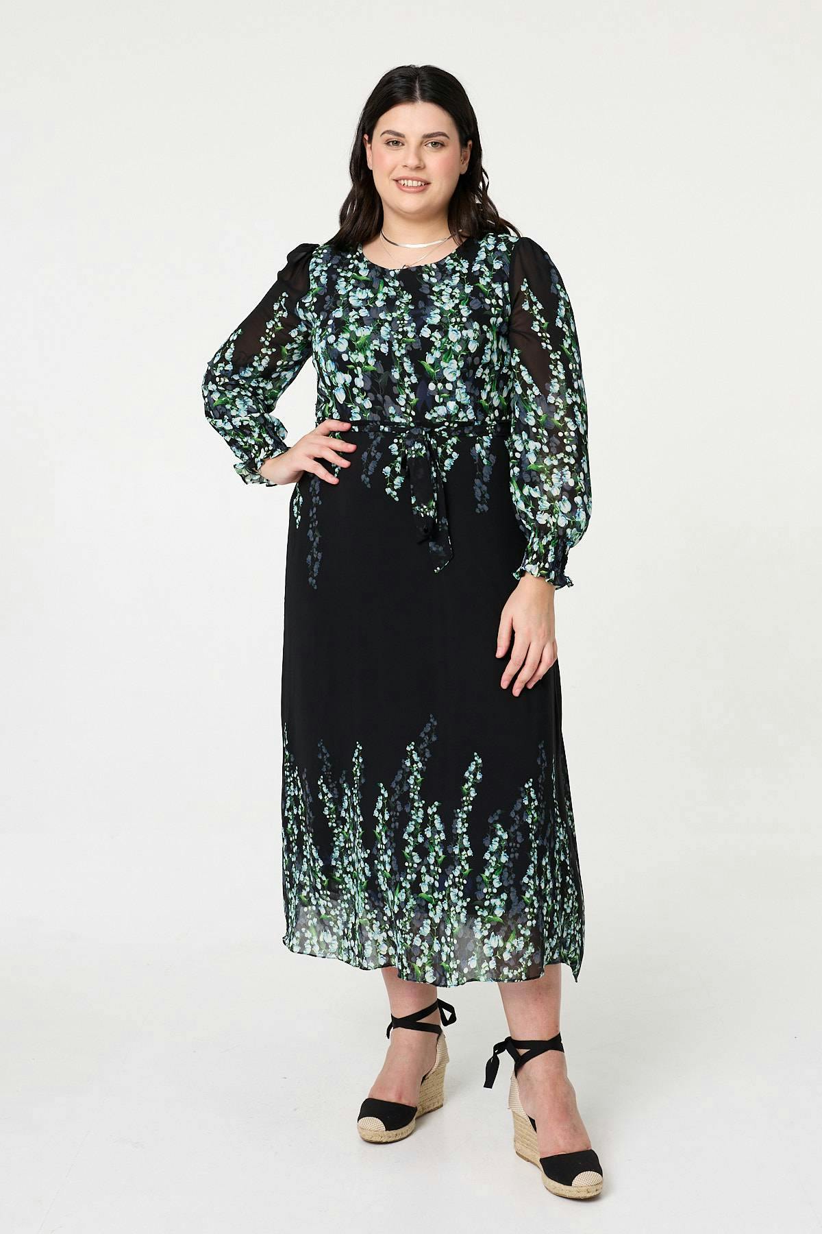 Izabel London Black Curve Floral Long Sleeve Maxi Dress - 22