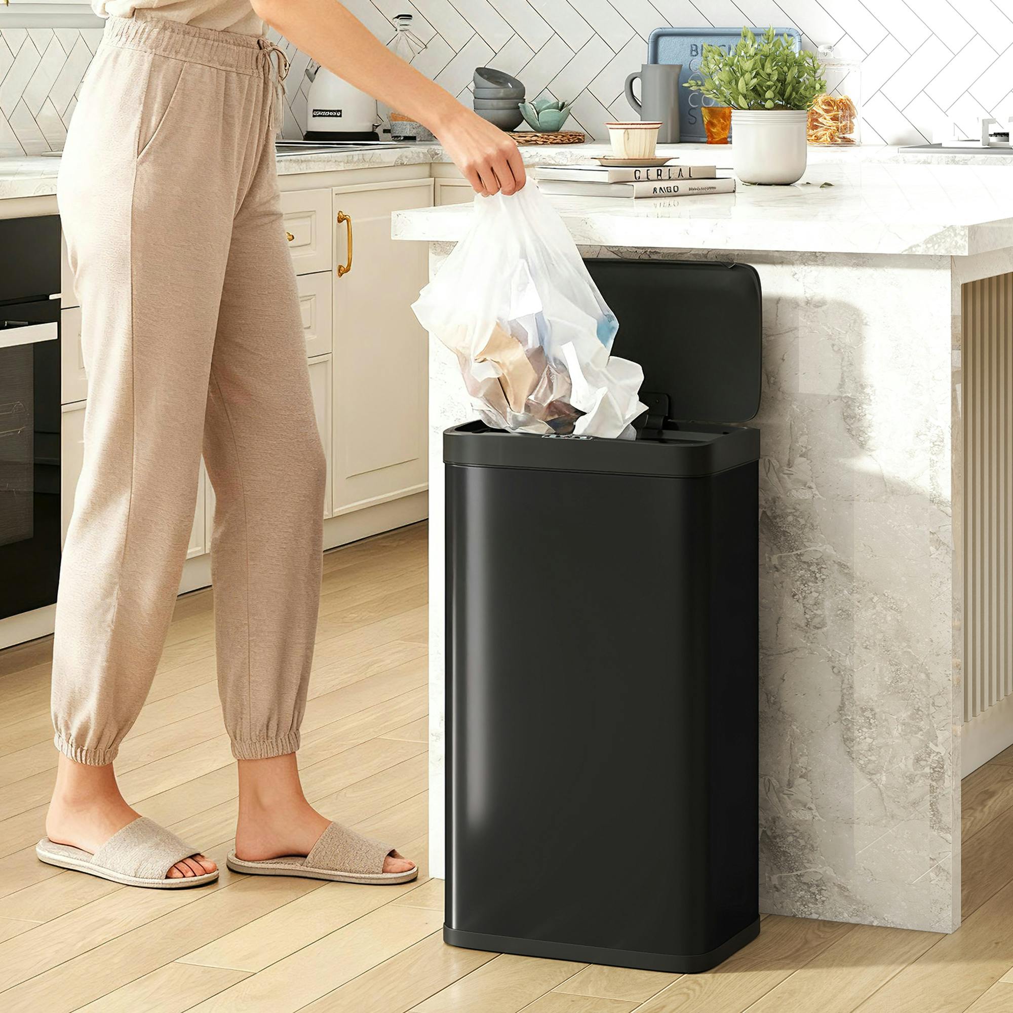 Rackhams Black 45L Sensor Bin, Stainless Steel Kitchen Bin With Automatic Close