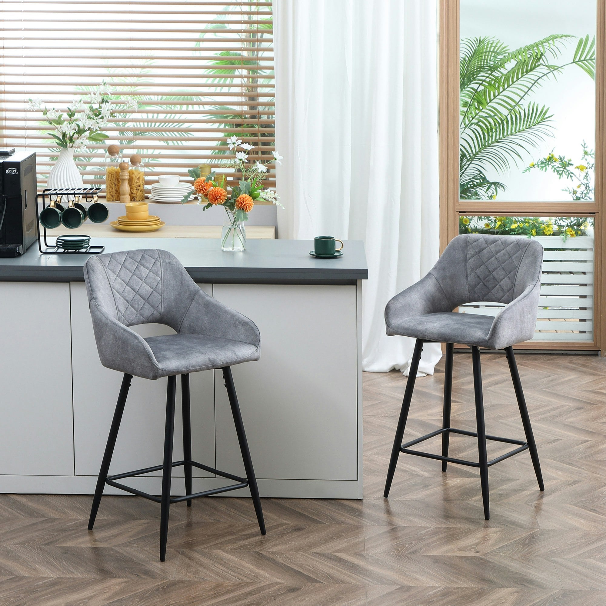 Rackhams Brown/Grey Bar Stools Set Of 2, Velvet-Touch Fabric Counter Height Bar Chairs