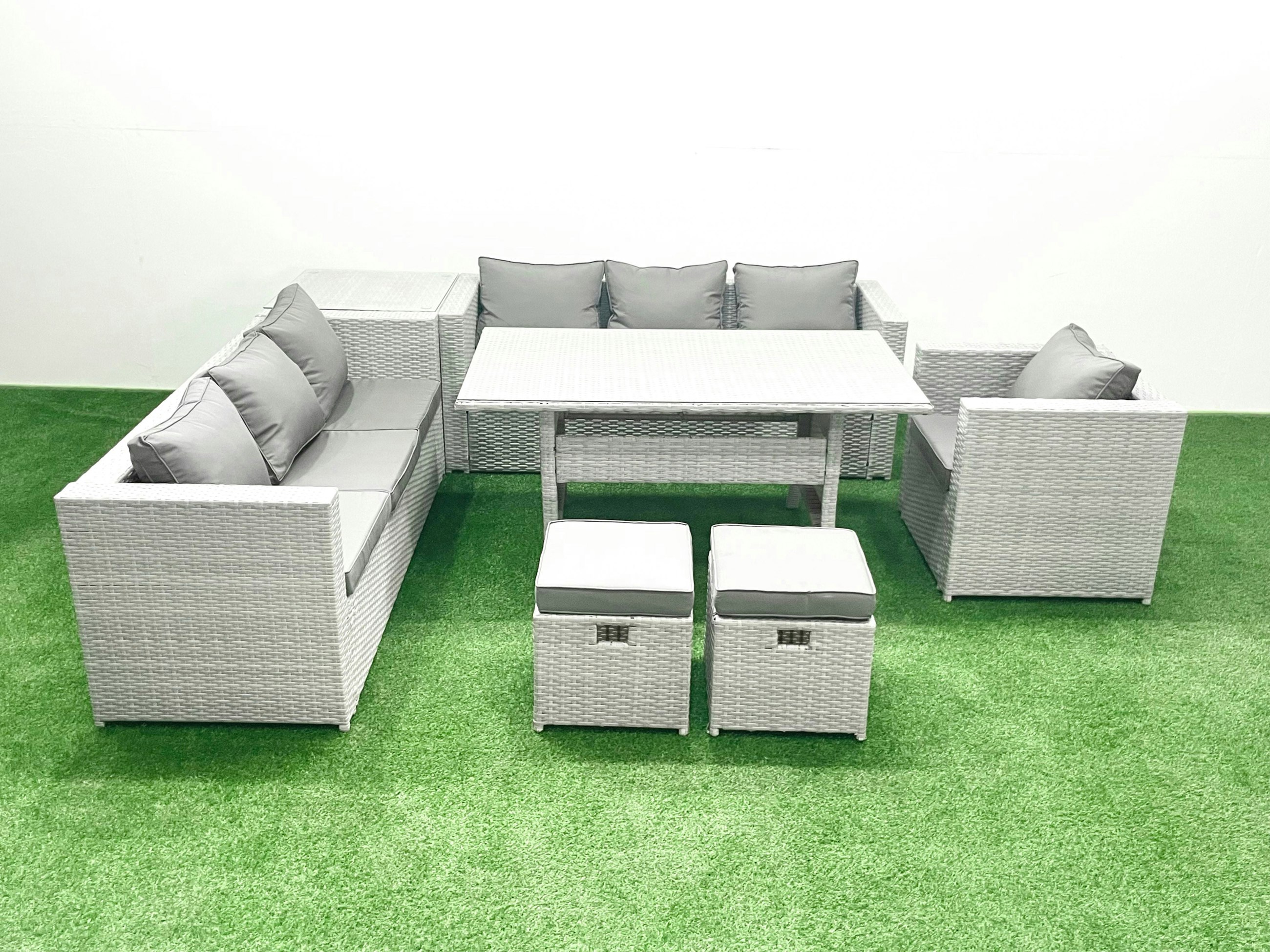 Fimous 7 Pieces Outdoor Rattan Sofa Set With Cushions Patio Garden Furniture Sets With Armchair Dining Table Side Table 2 Small Footstools