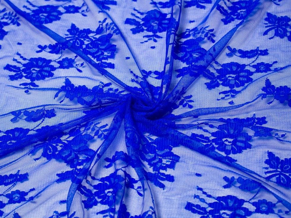 Minerva Blue Core Range Deadstock Chantilly Tulle Lace Fabric - Flowers Design Dressmaking Fabric, 130 Cm / 52" Wide - Per Metre - Royal