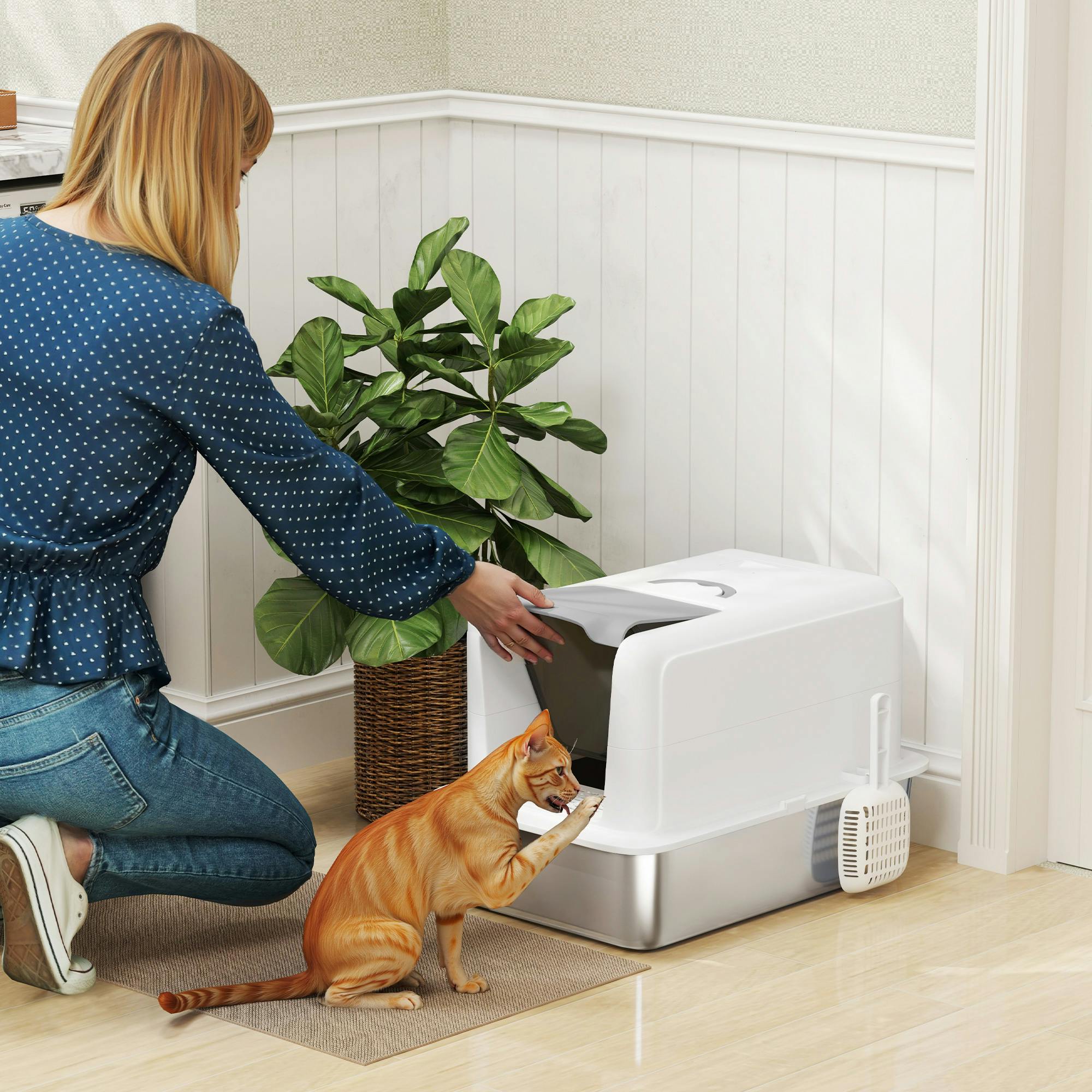 Pawhut White Stainless Steel Cat Litter Box With Removable Lid & Scoop,