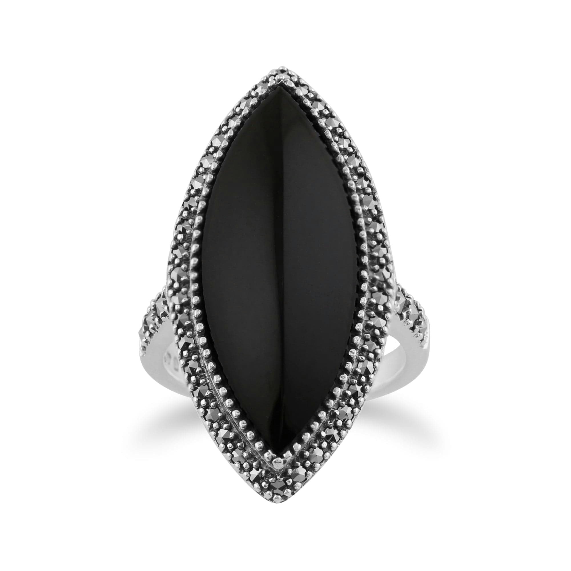 Gemondo Black/Onyx/Silver Art Deco Style Marquise & Marcasite Statement Ring In 925 Sterling - K