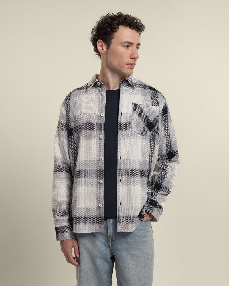Larsson & Co Cream With Navy Check Textured Overshirt - M