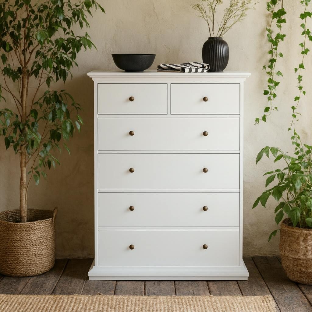Rackhams White Osaka Tall Farmhouse Wooden Chest 6 Drawers