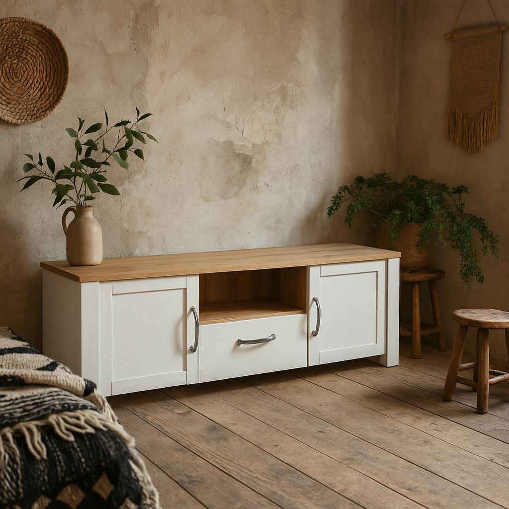 Rackhams White Bramblecroft And Natural Oak Wood Tv Unit 2 Door 1 Drawer