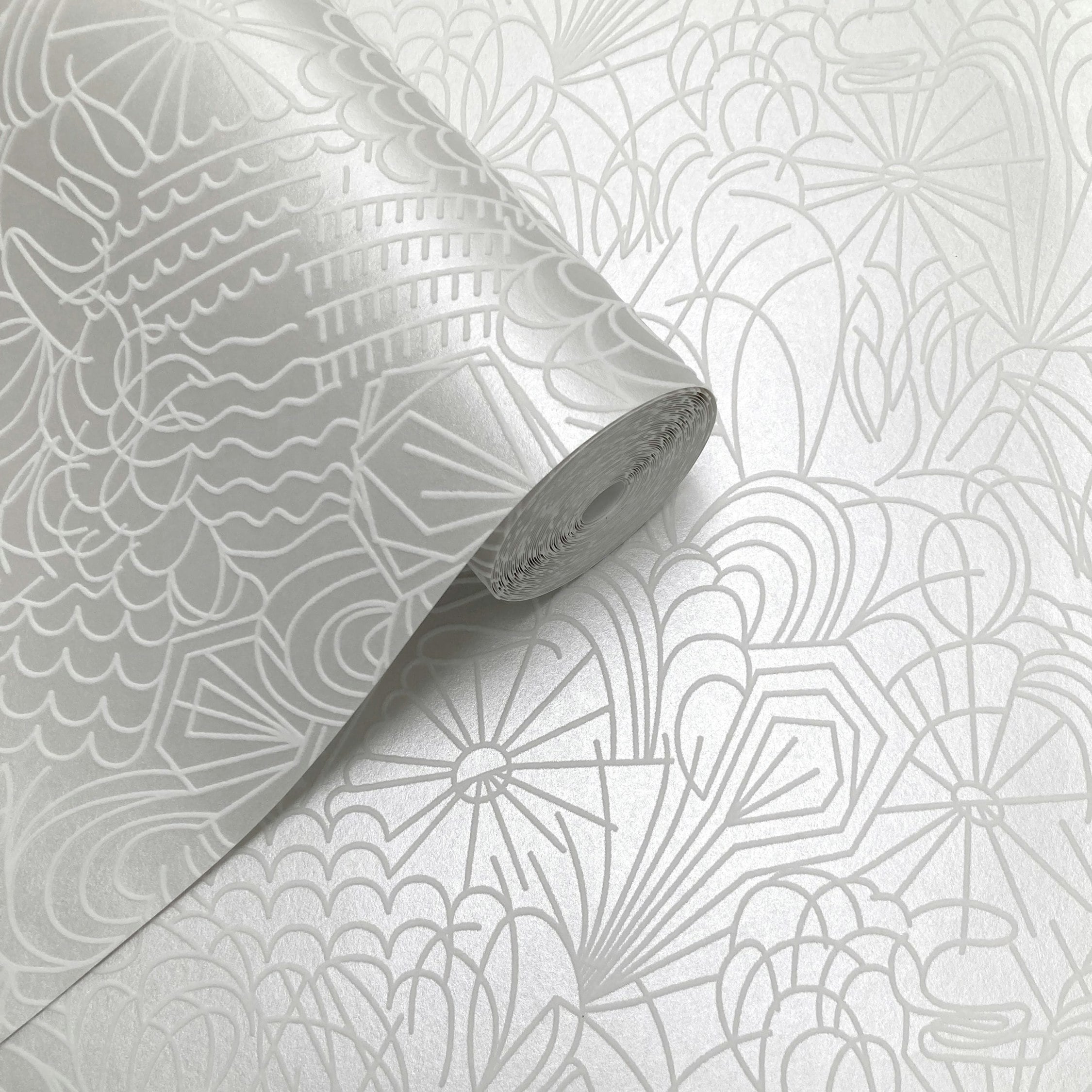 Rackhams White/Silver Pop And Lustre Flock Wallpaper - 10M Roll
