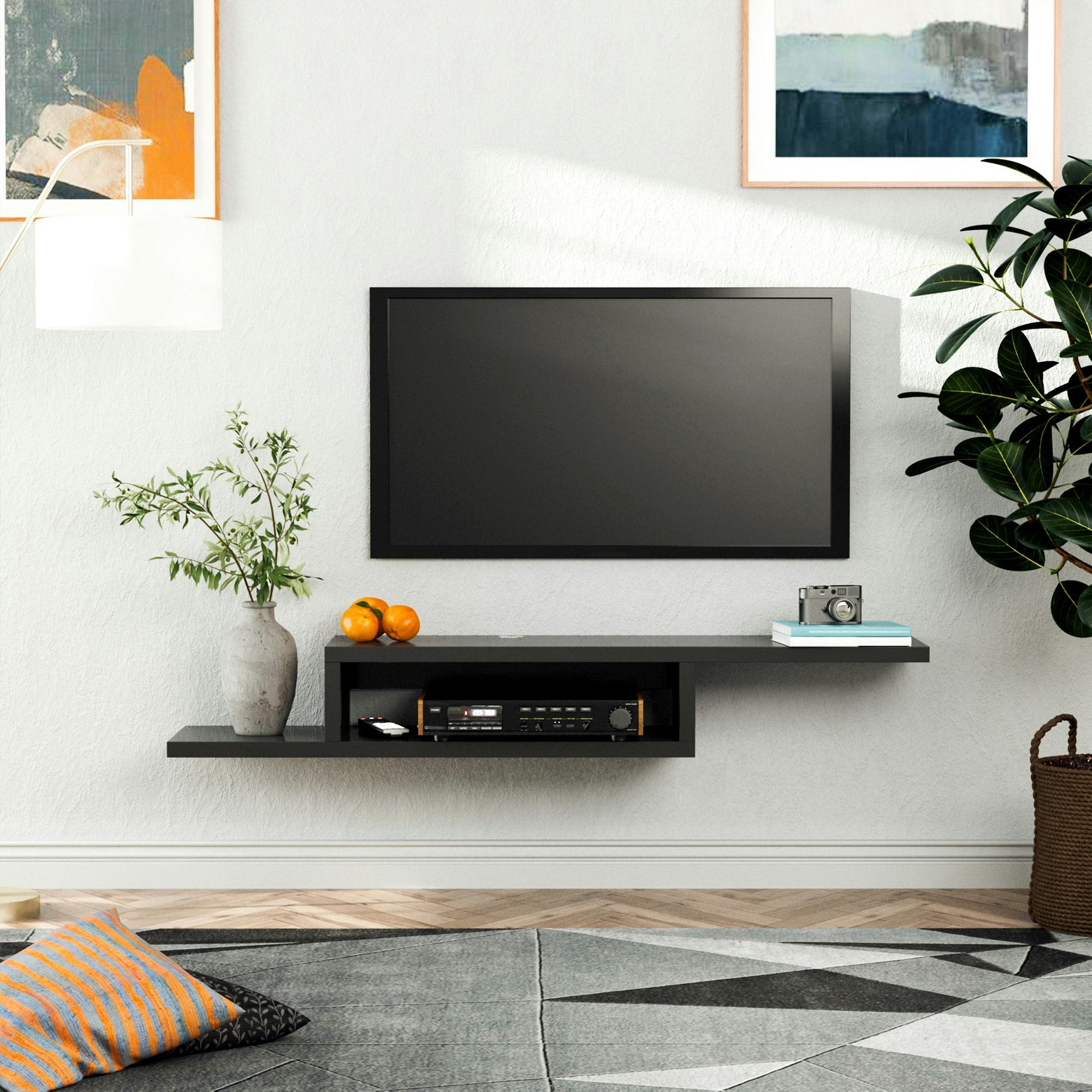 Rackhams Black Wall Mounted Media Console, Floating Tv Stand Component Shelf,