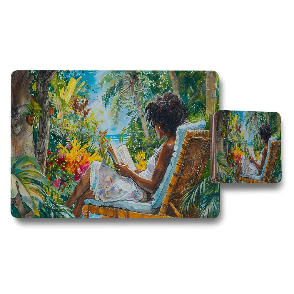 Benjamin Tate Design Tropical Garden Reading Woman Placemat And Coaster Set