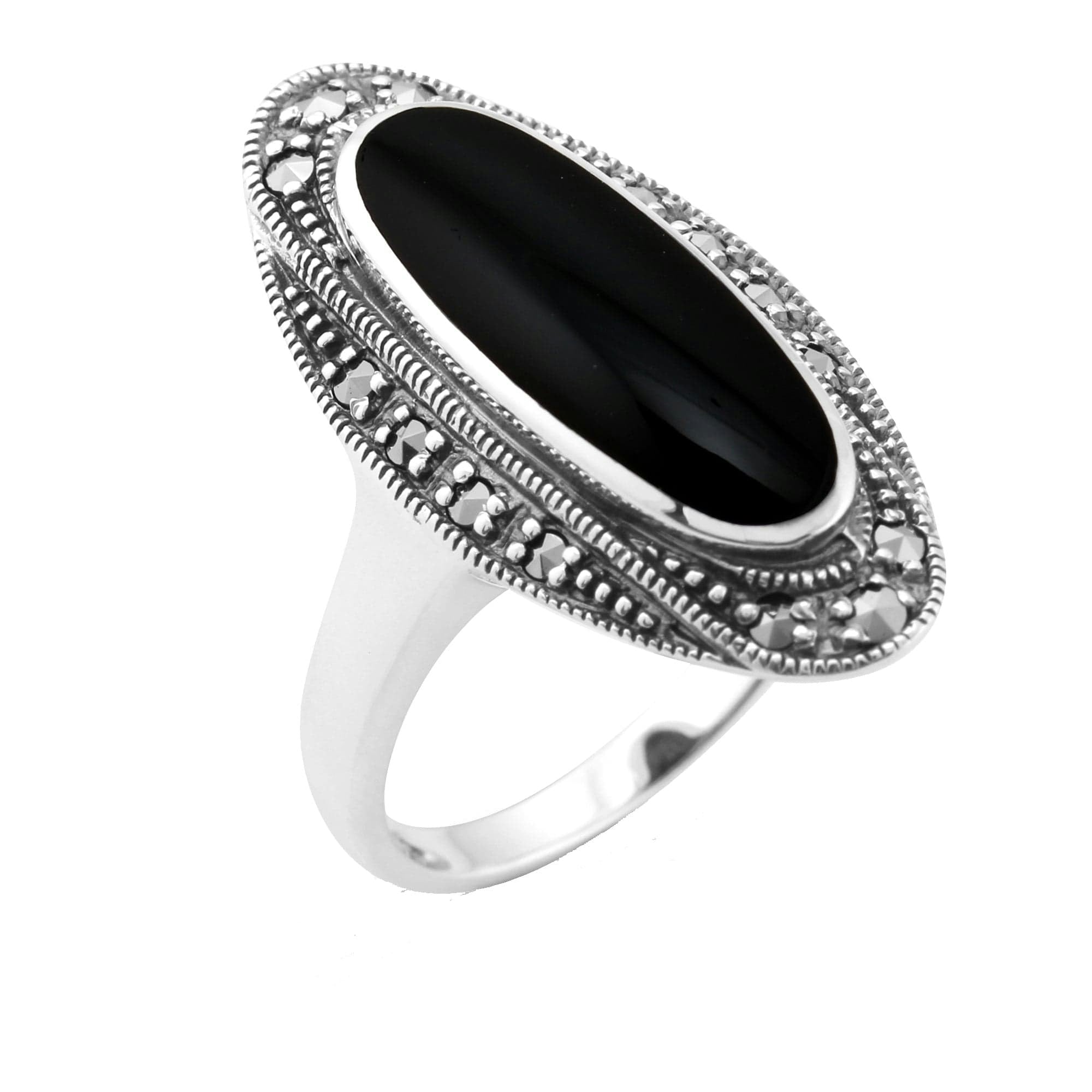 Gemondo Black/Onyx/Silver Art Deco Style Cabochon & Marcasite Ring In 925 Sterling - K