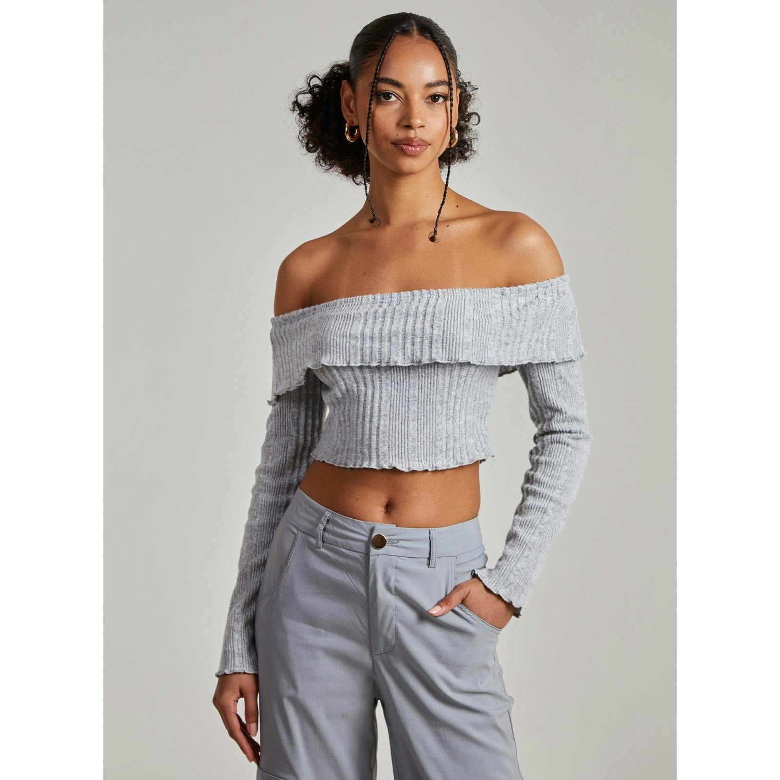 Pink Vanilla Pink/Grey Vanilla Wide Brushed Ribbed Bardot Top - M