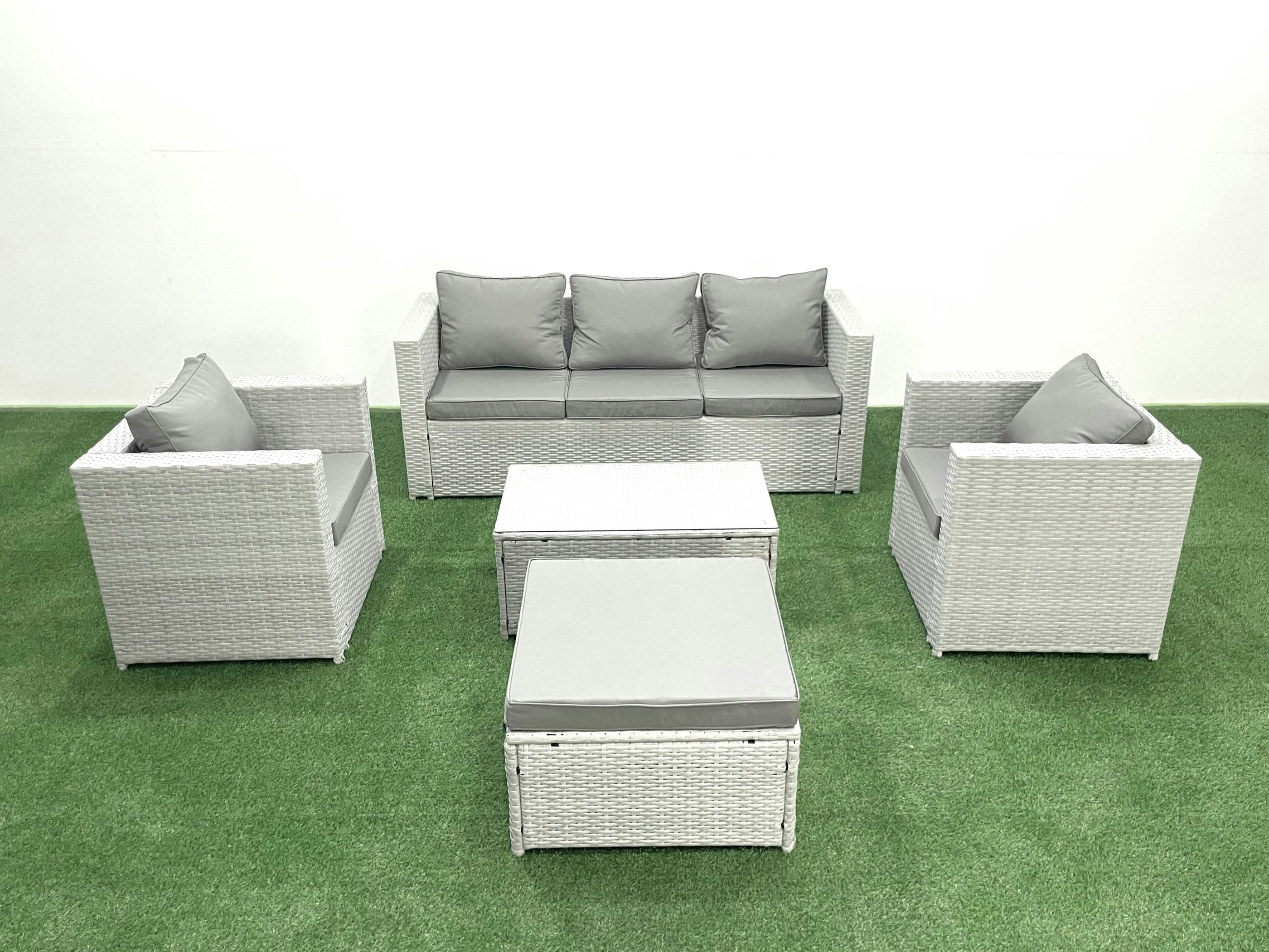 Rackhams Light/Grey Rattan Garden Furniture Set With 3 Seater Sofa 2 Chair Rectangular Coffee Table Big Footstool Mixed 6 Seater