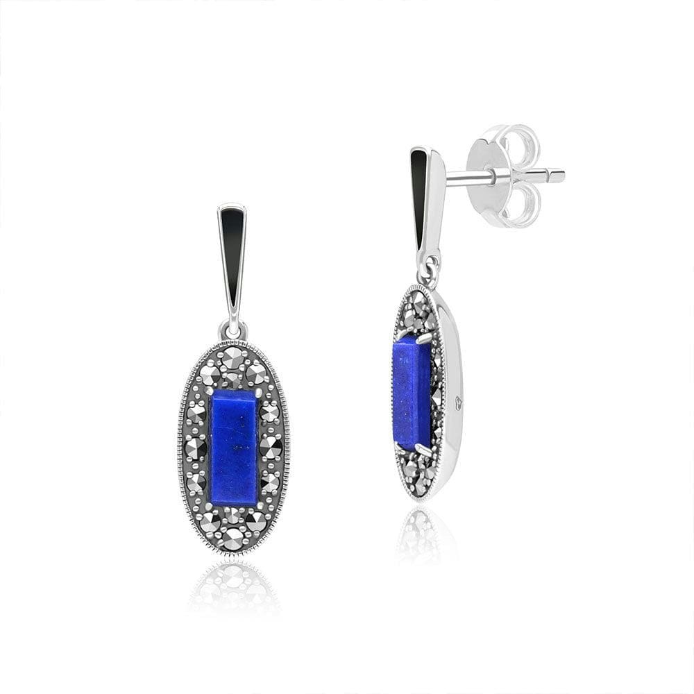 Gemondo Women's Black/Silver Art Deco Style Oval Lapis Lazuli, Marcasite And Enamel Drop Earrings In Sterling