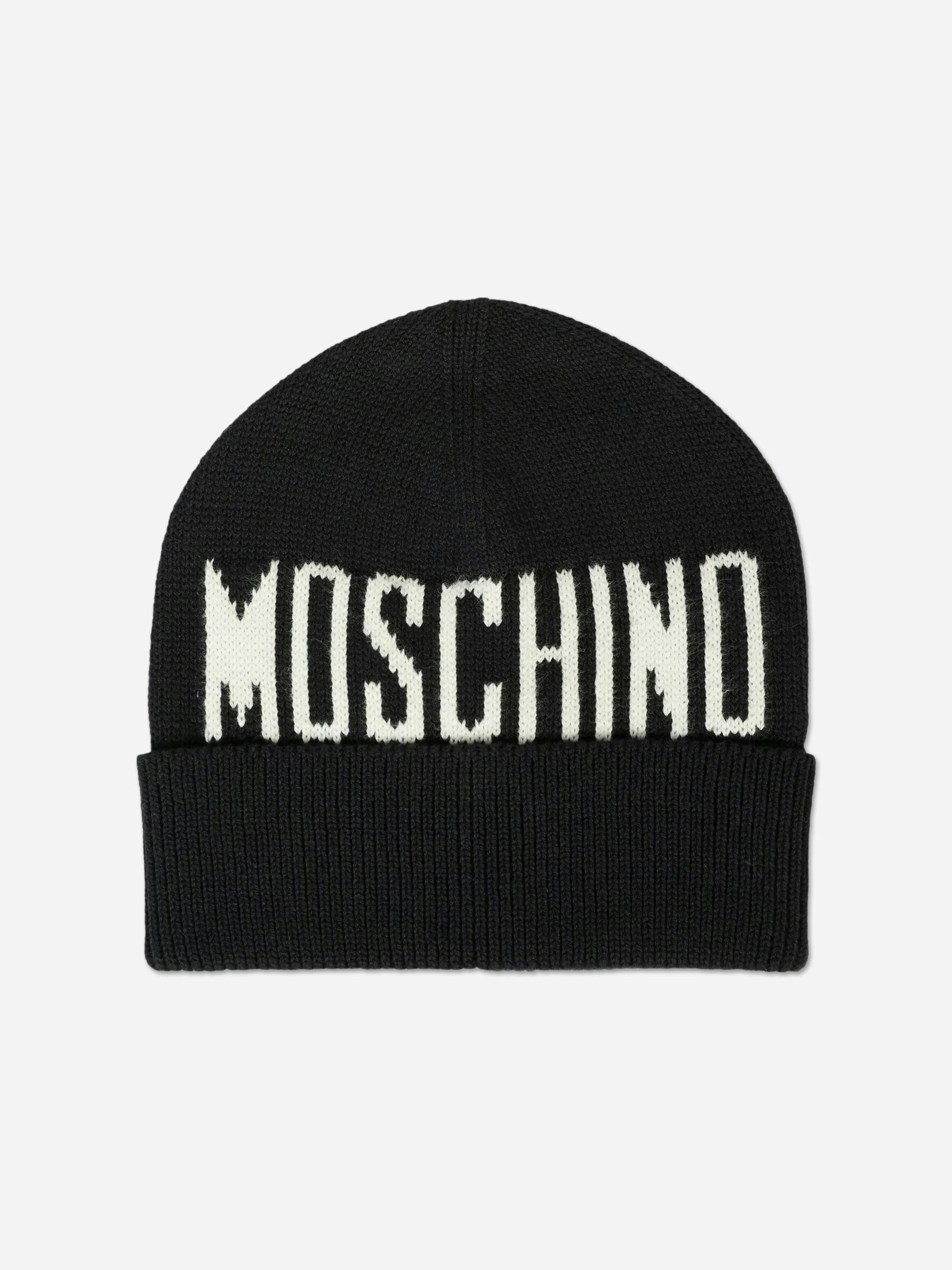 Moschino Kids Unisex Kids Black Logo Beanie Hat In - S 4 - 8 Yrs