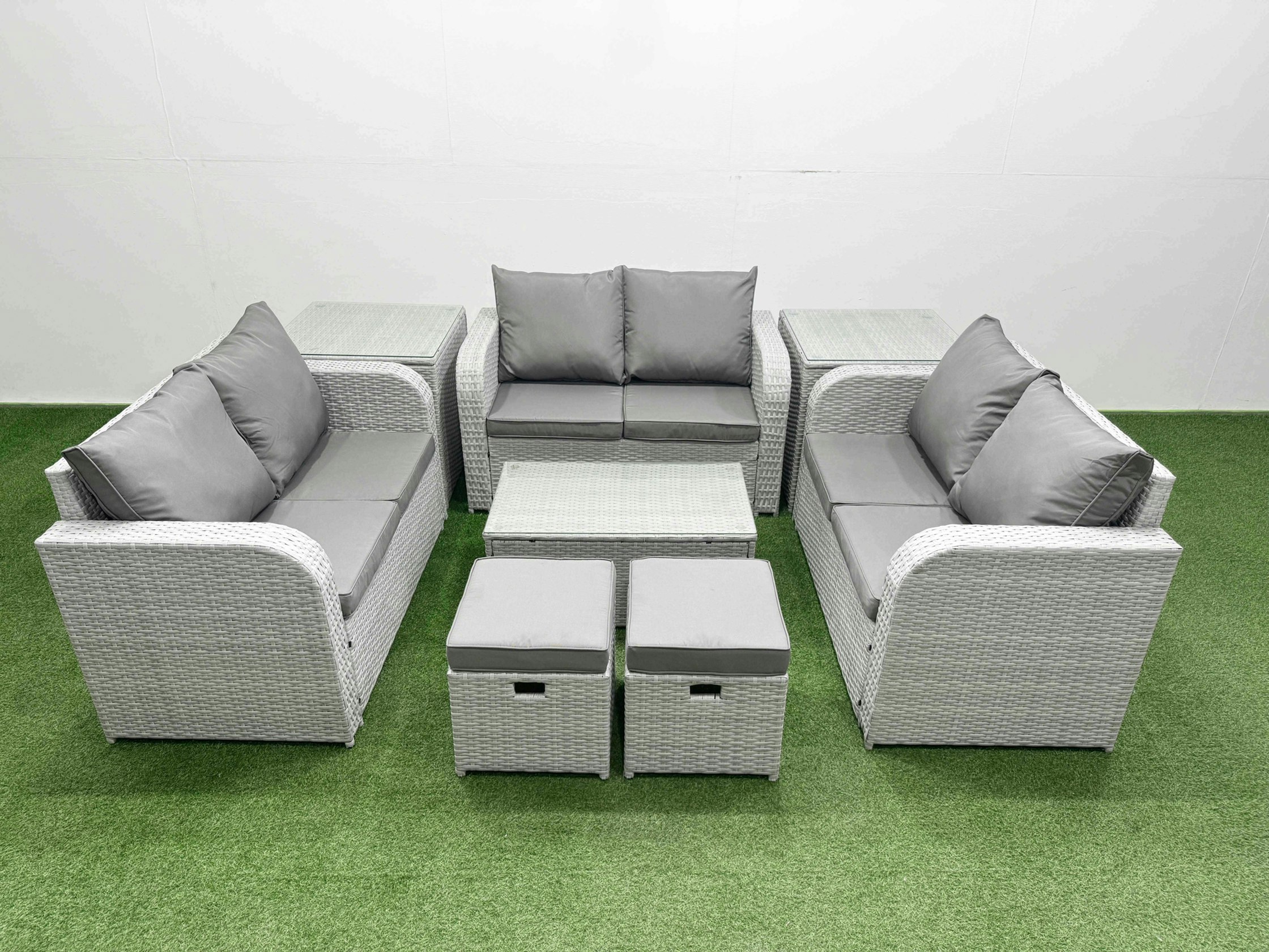 Fimous Light/Grey 9 Seater Pe Wicker Rattan Furniture Sofa Sets With Rectangular Coffee Table 2 Seater Love Sofa 3 Stool 2 Side Table