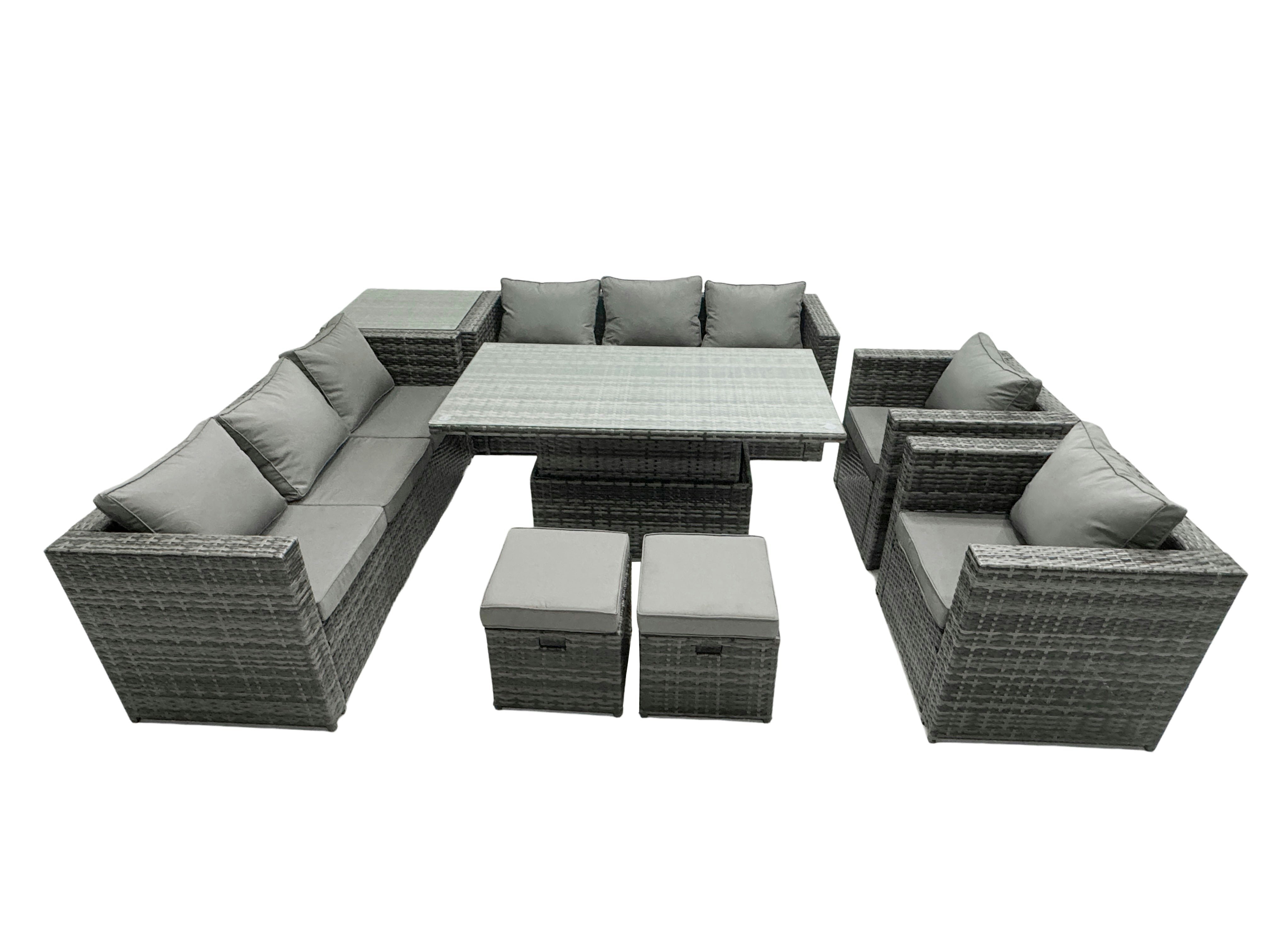 Fimous Dark/Grey 10 Seater?Outdoor Rattan Garden Furniture Adjustable Rising Lifting Side Tables Small Footstools Mixed