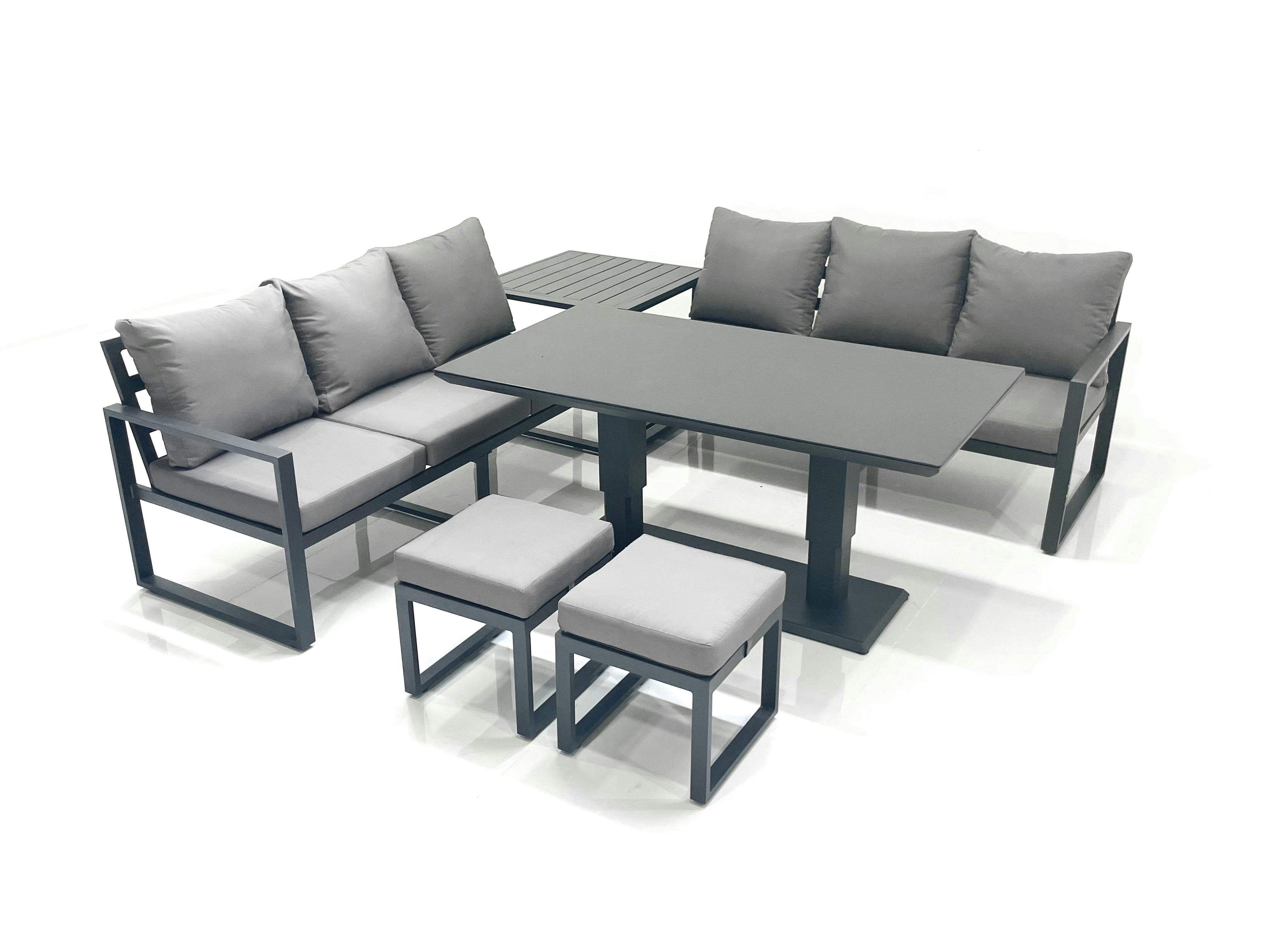 Rackhams Dark/Grey 8 Seater Aluminium Outdoor Garden Furniture Set With Adjustable Rising Dining Table 3 Seater Sofa 2 Small Footstool Side Table