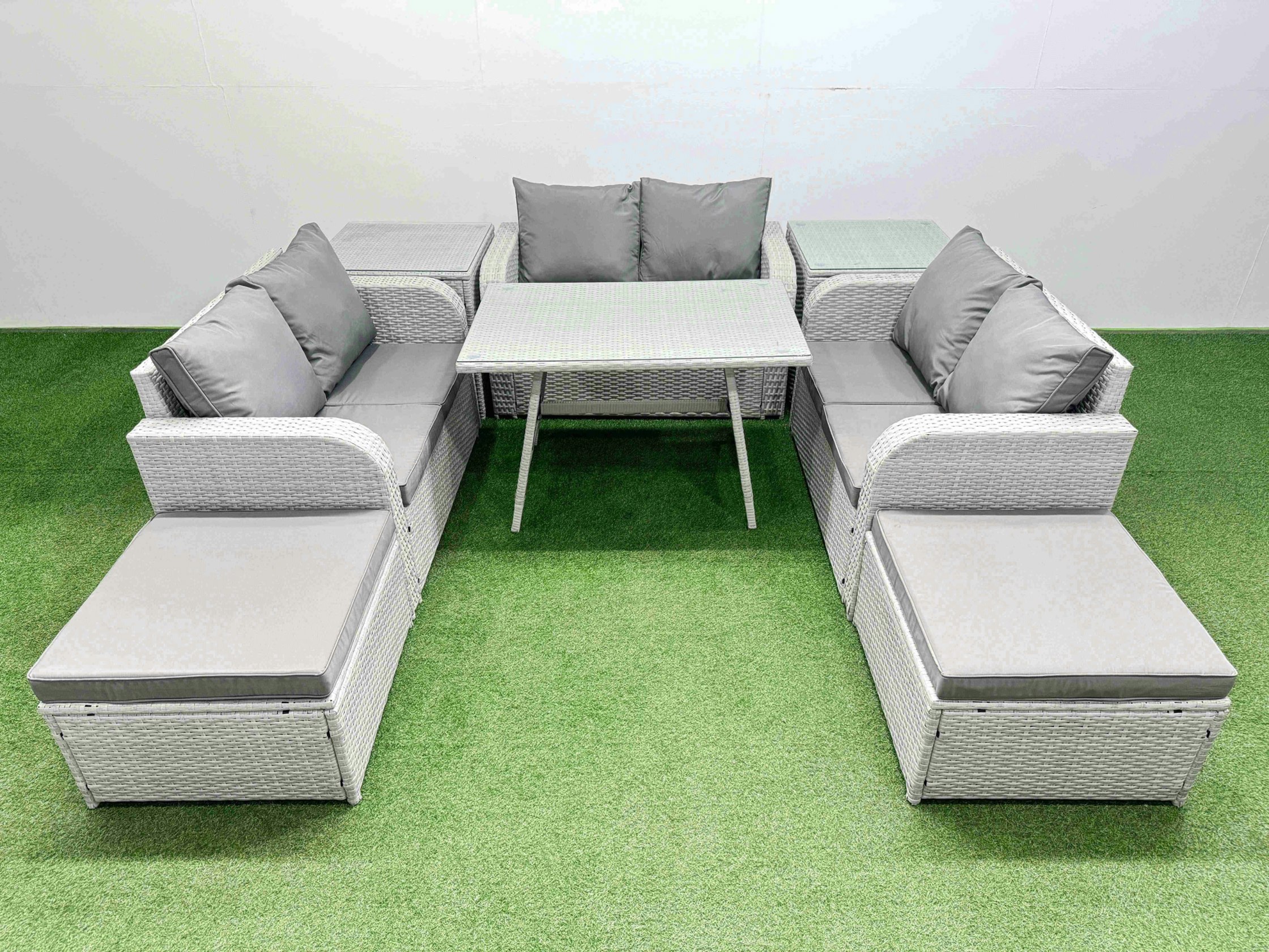 Fimous Rattan Garden Furniture Dining Set 8 Seater Patio Rectangular Table Love Sofa Set With 2 Side Tables 2 Big Stools