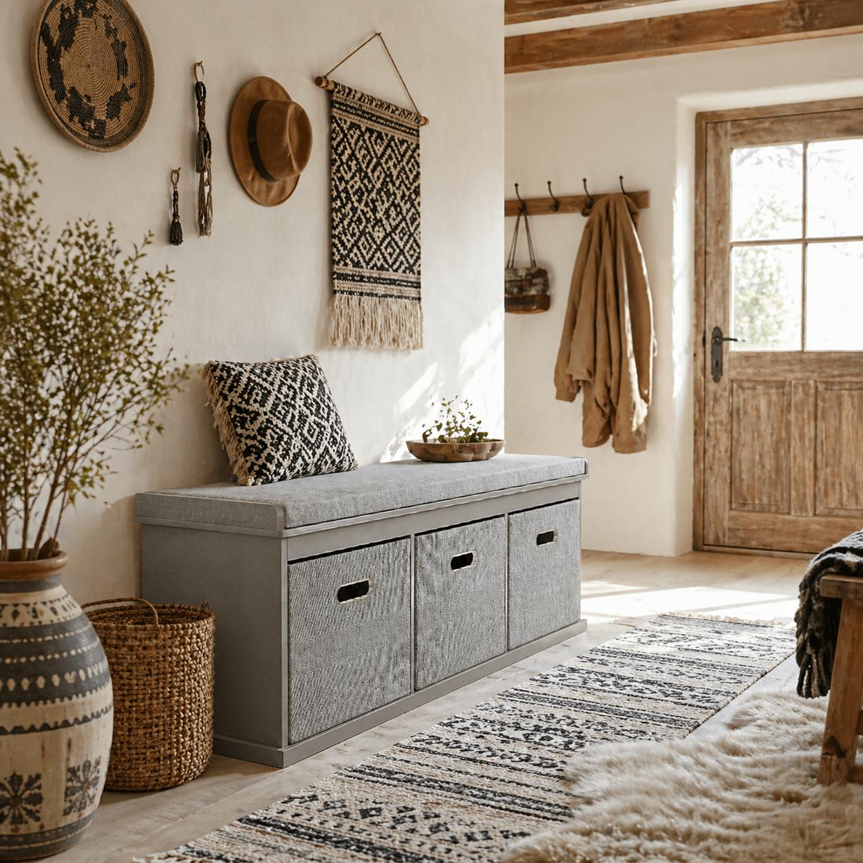 Rackhams Grey Marari Wooden 3 Drawer Shoe Storage Bench With Padded Seat