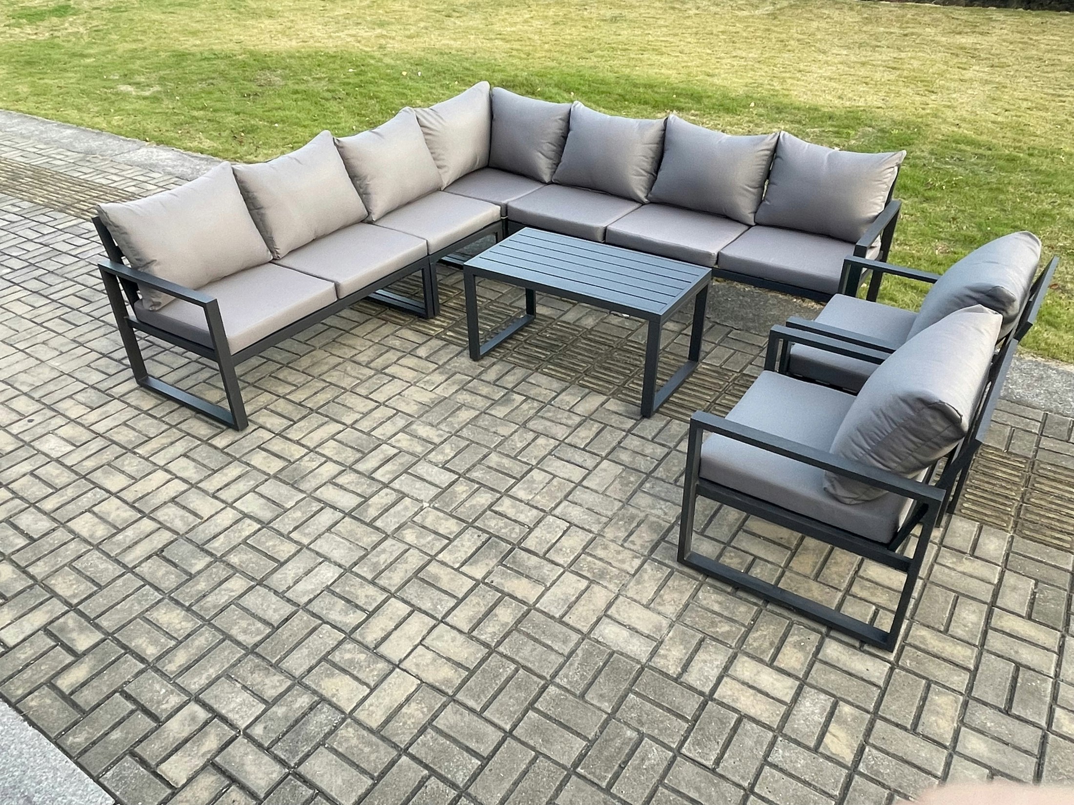 Fimous Dark/Grey Aluminium Patio Outdoor Garden Furniture Lounge Corner Sofa Set With Oblong Coffee Table 2 Chairs